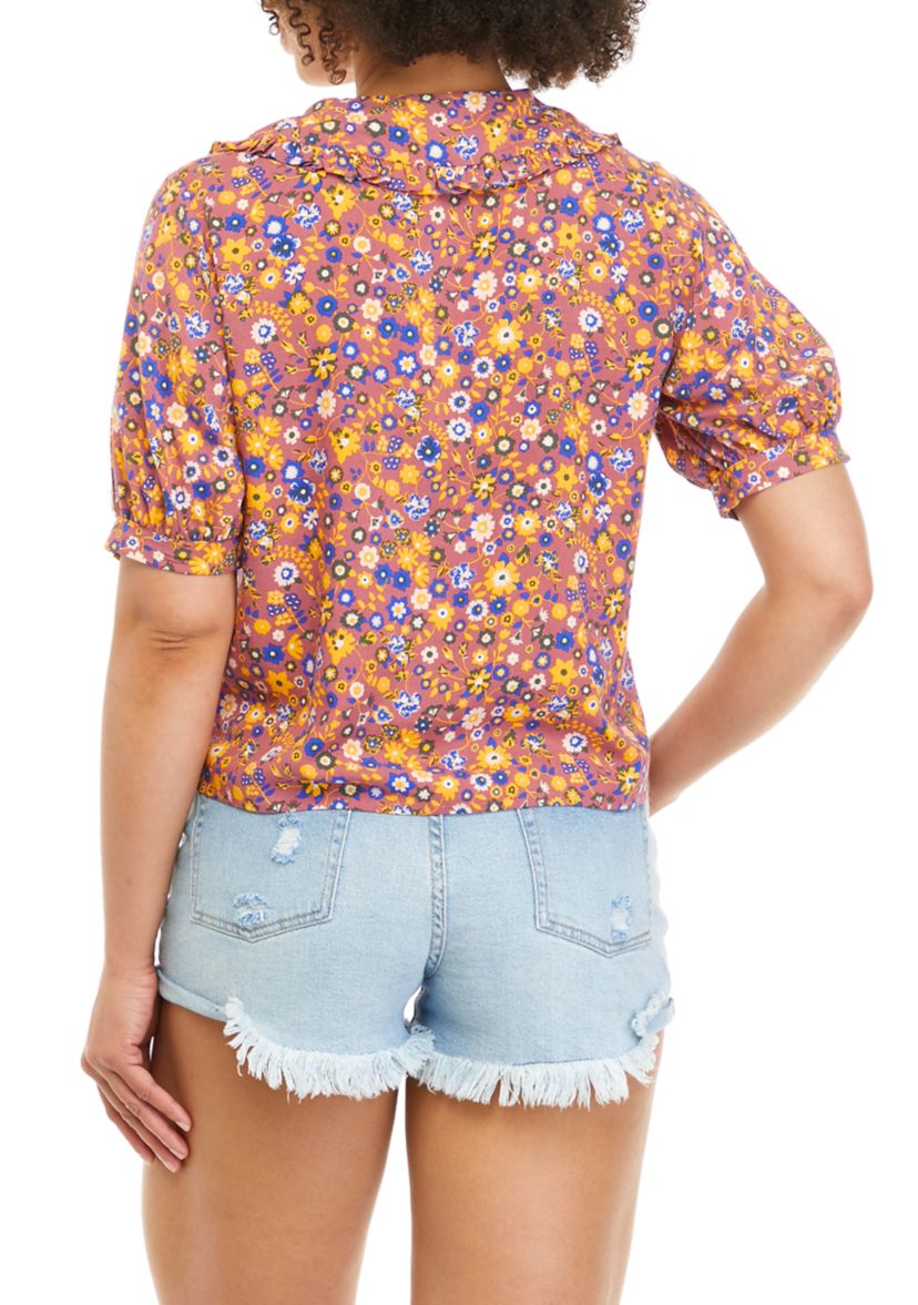 Juniors Short Sleeve Collared Floral Top