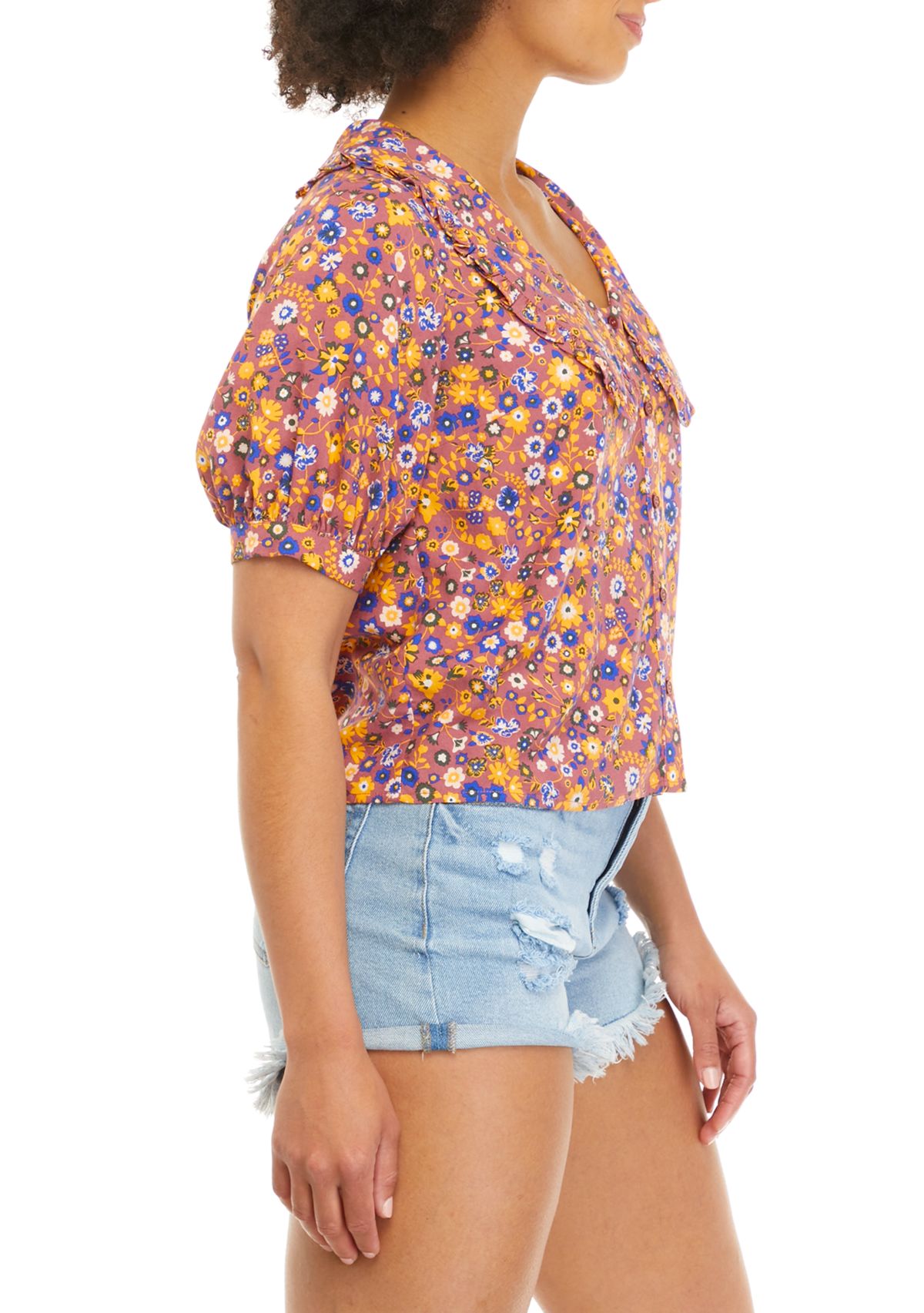 Juniors Short Sleeve Collared Floral Top