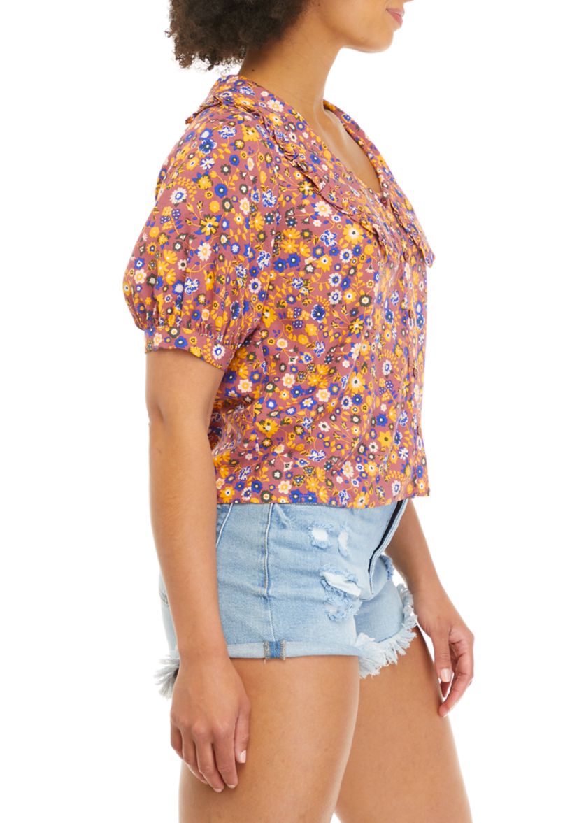 Juniors Short Sleeve Collared Floral Top