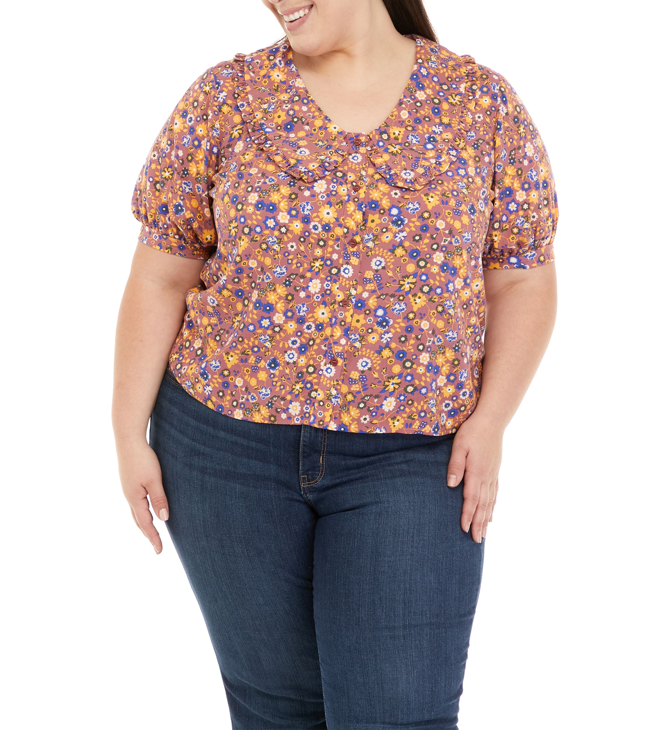 Plus Size Collared Button Front Top