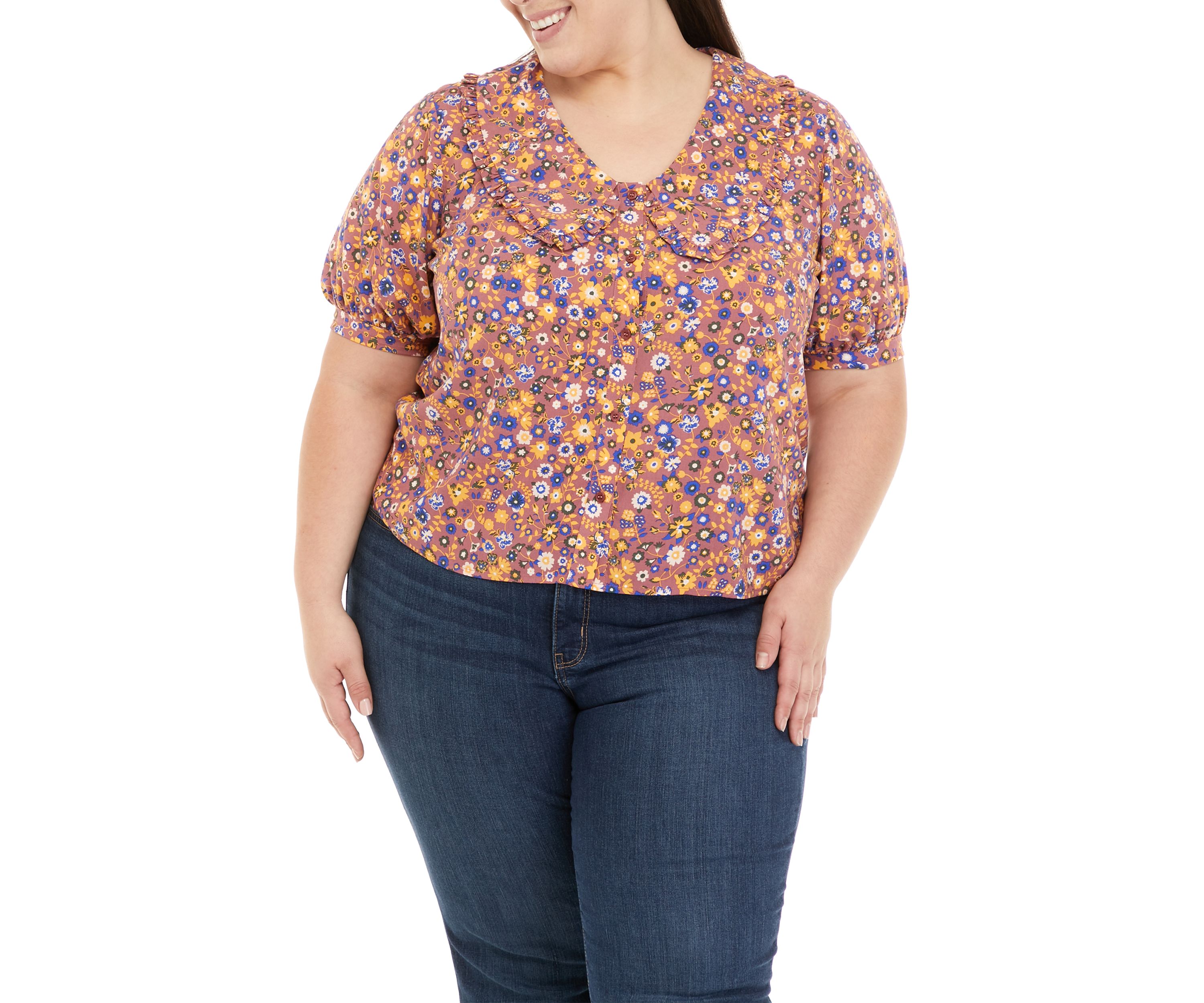 Plus Size Collared Button Front Top
