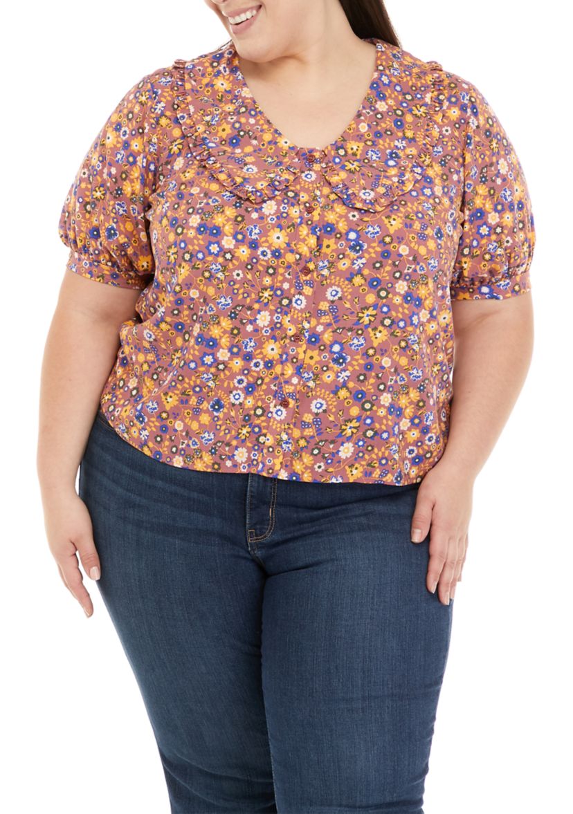 Plus Size Collared Button Front Top