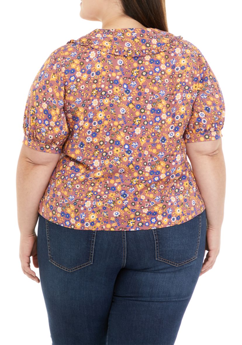 Plus Size Collared Button Front Top