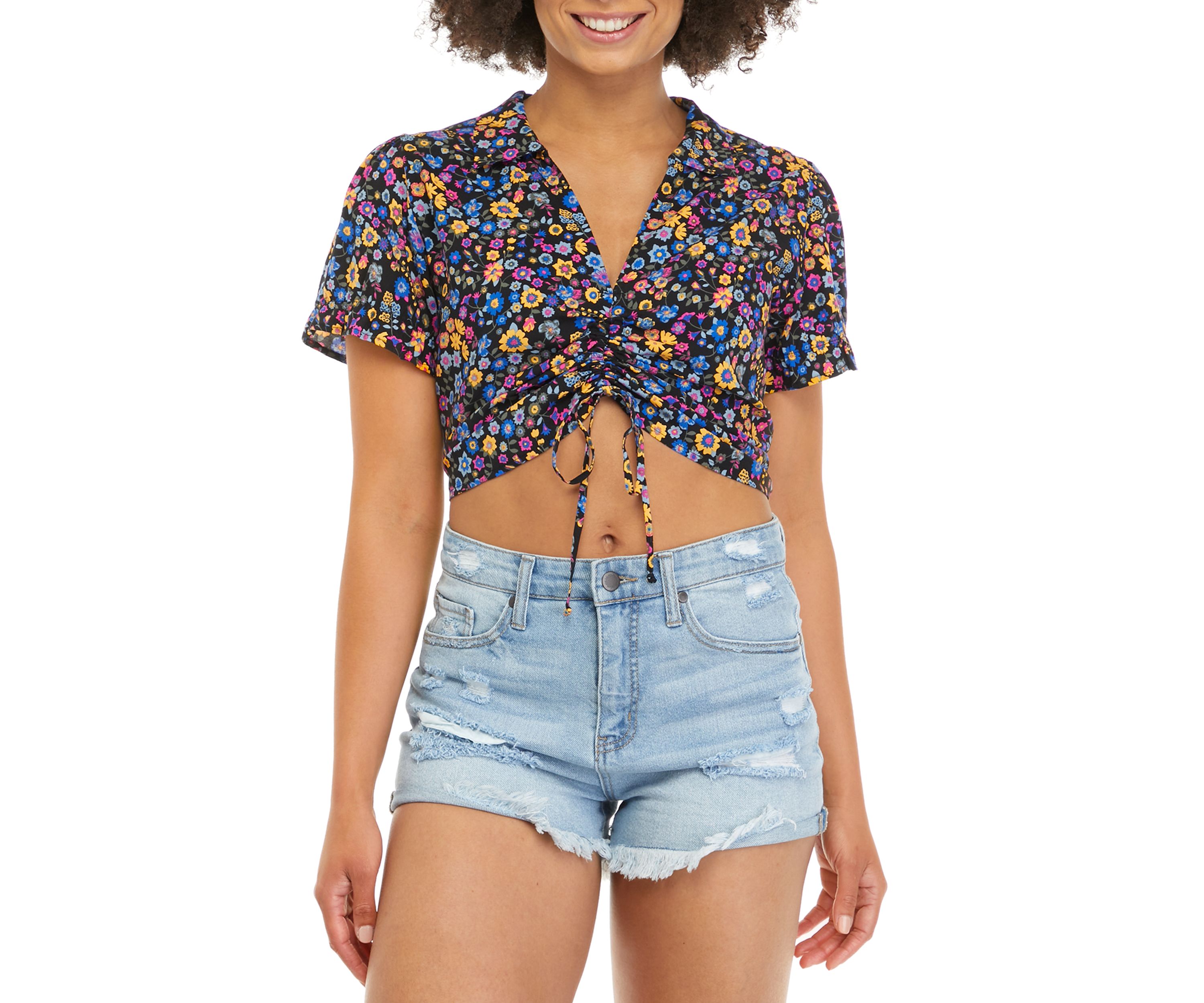   Juniors Short Sleeve Cinch Front Floral Collared Top 