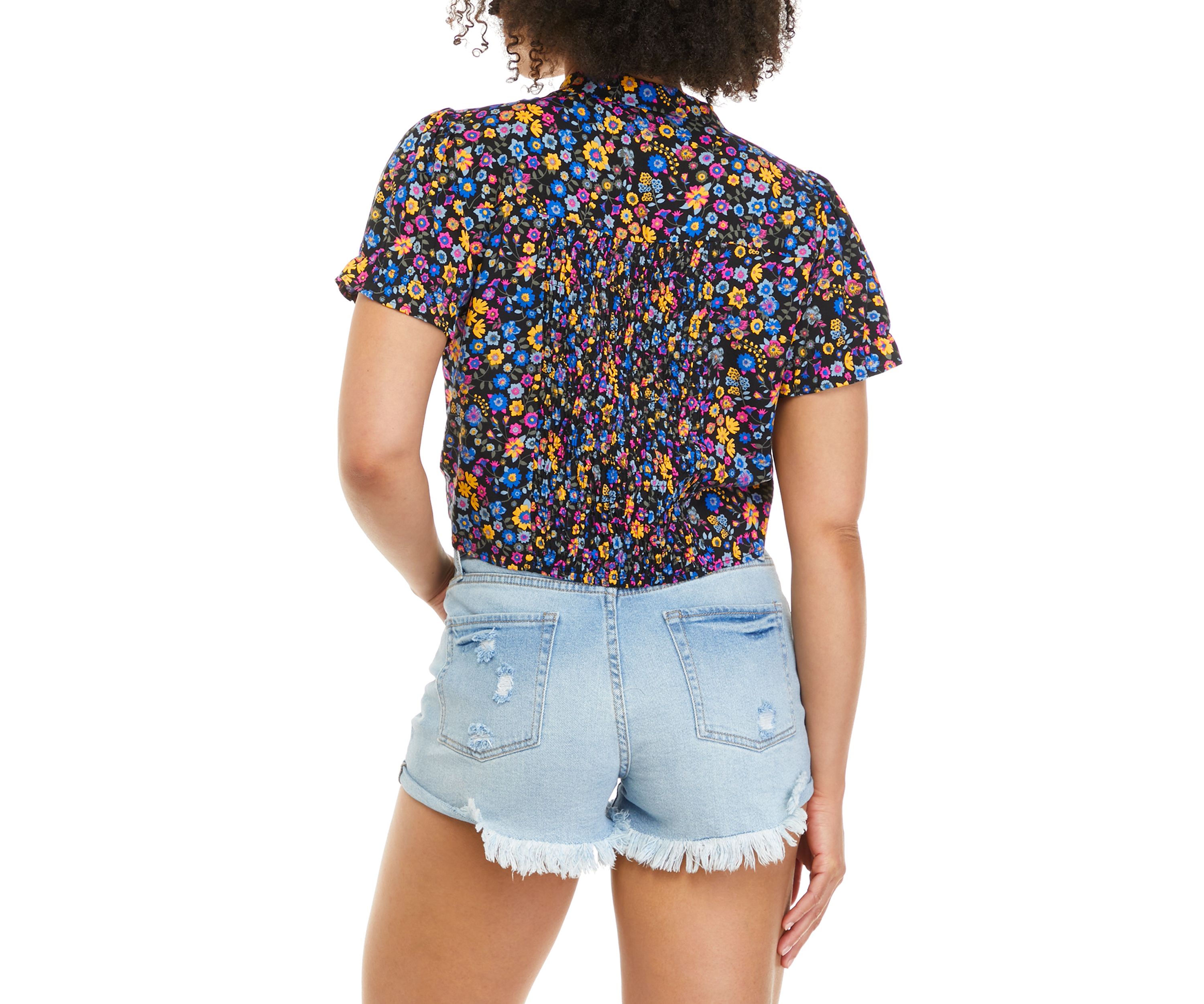   Juniors Short Sleeve Cinch Front Floral Collared Top 
