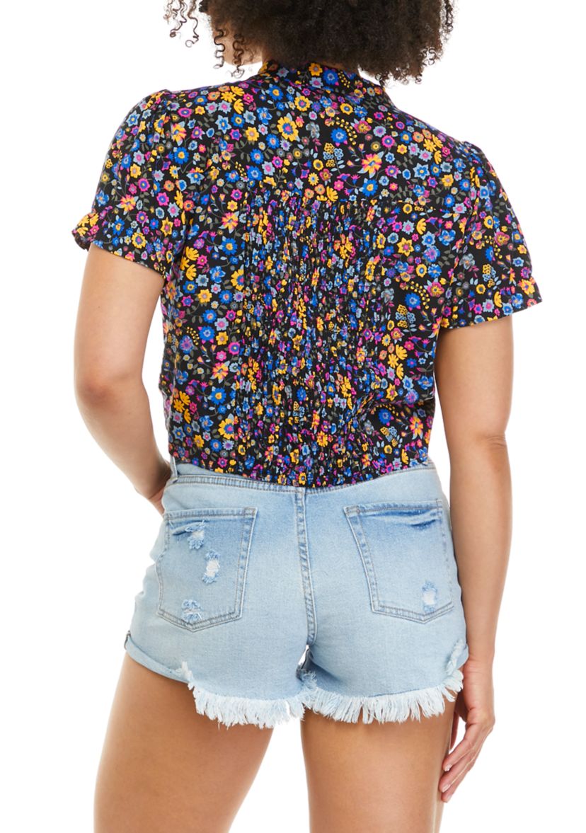   Juniors Short Sleeve Cinch Front Floral Collared Top 