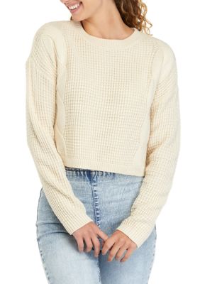 Freshman Juniors' Long Sleeve Cropped Cable Stitch Crew Neck Sweater | belk