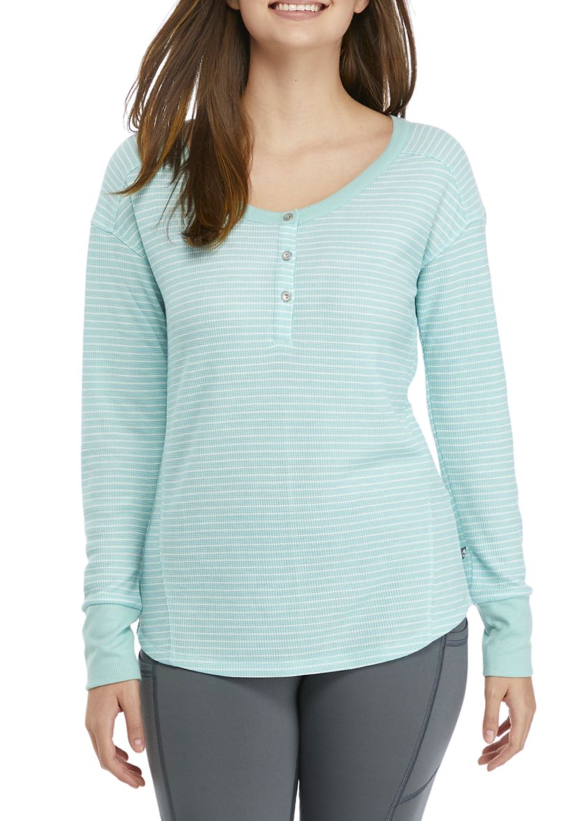 Womens Waffle Knit Stripe Henley Shirt 