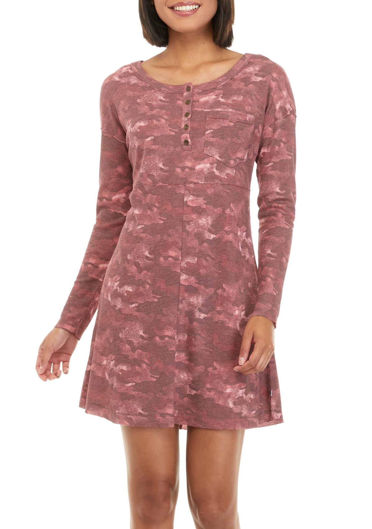 Womens Long Sleeve Waffle Knit Printed Dress 
