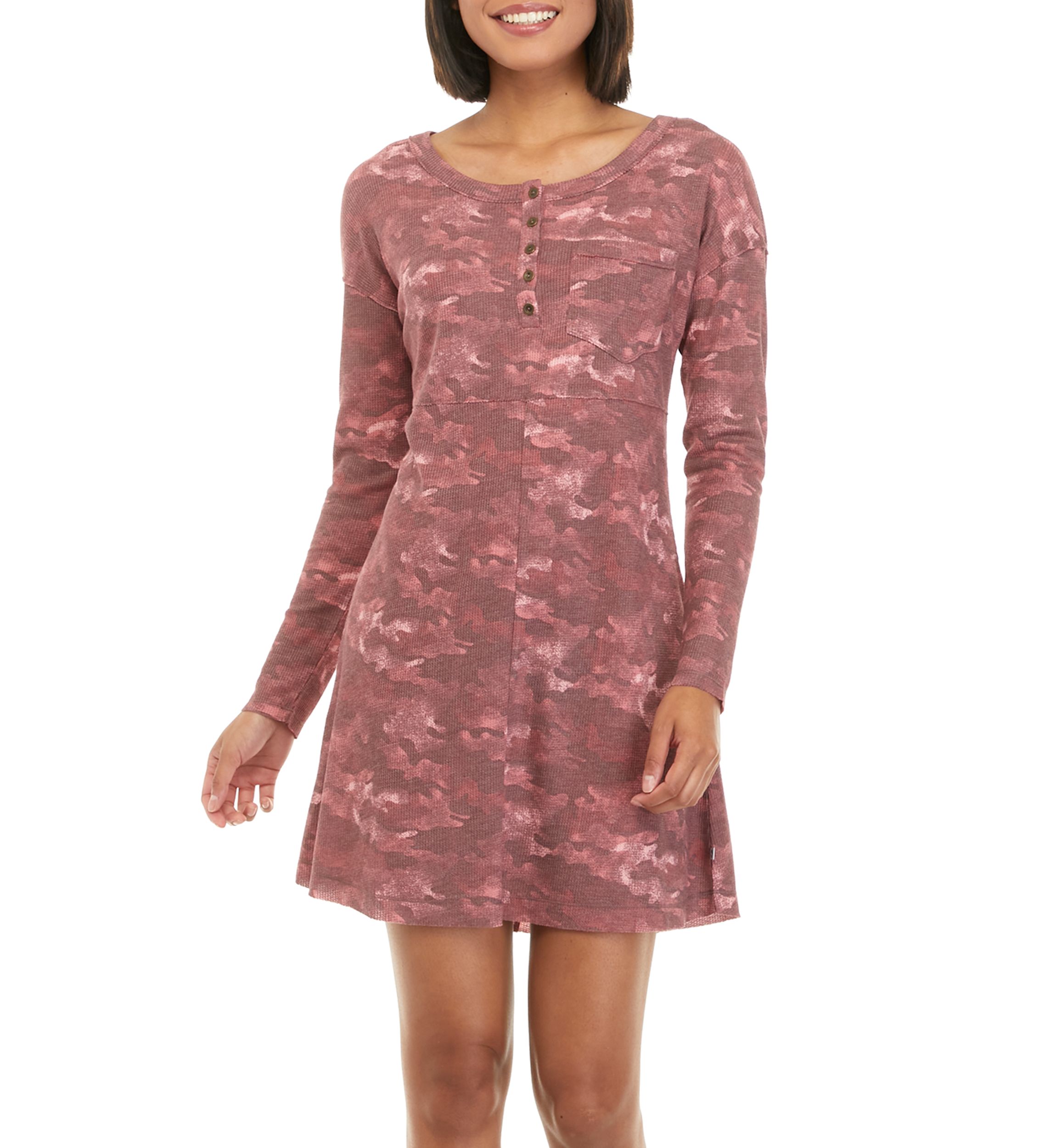 Womens Long Sleeve Waffle Knit Printed Dress 
