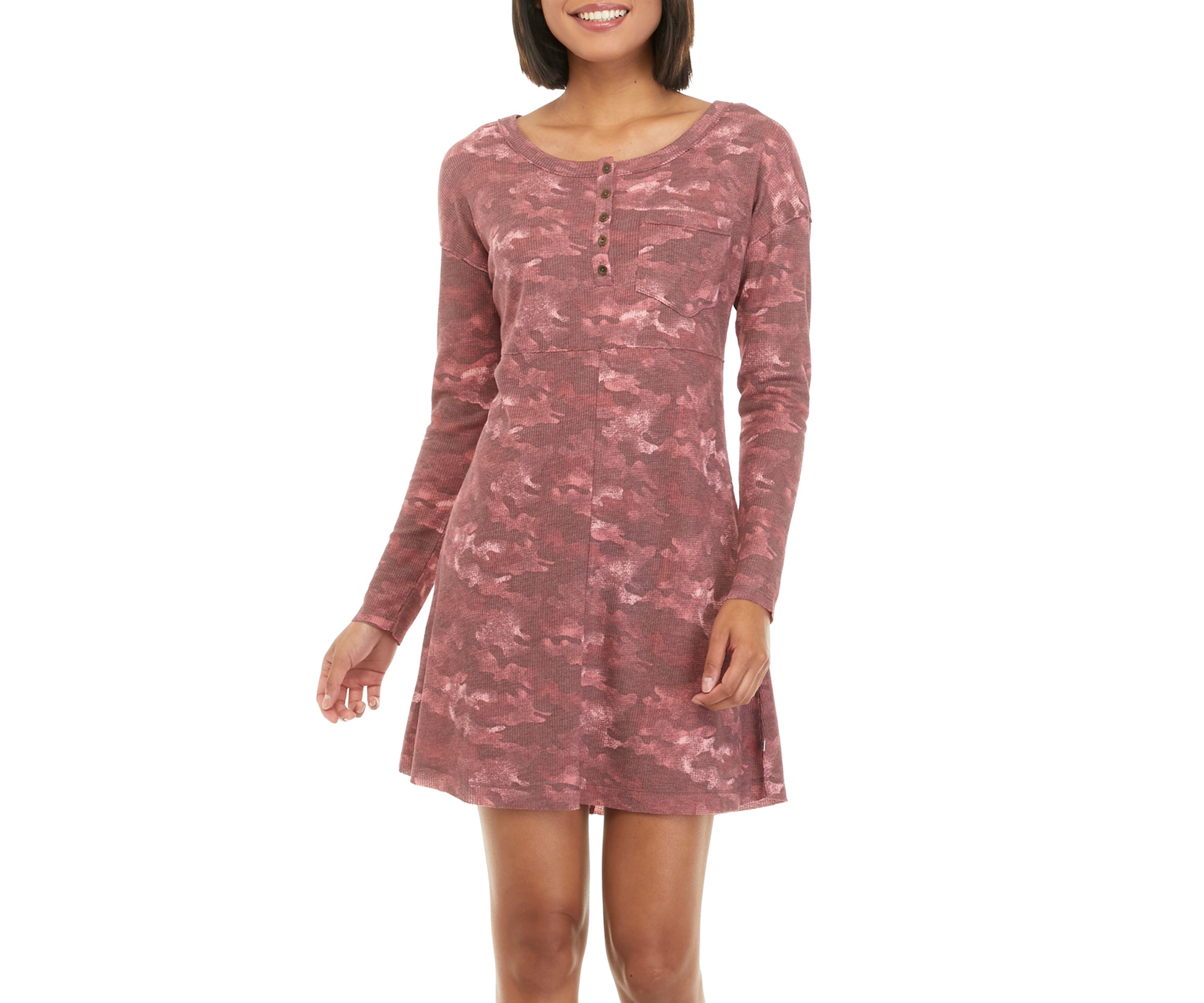 Womens Long Sleeve Waffle Knit Printed Dress 