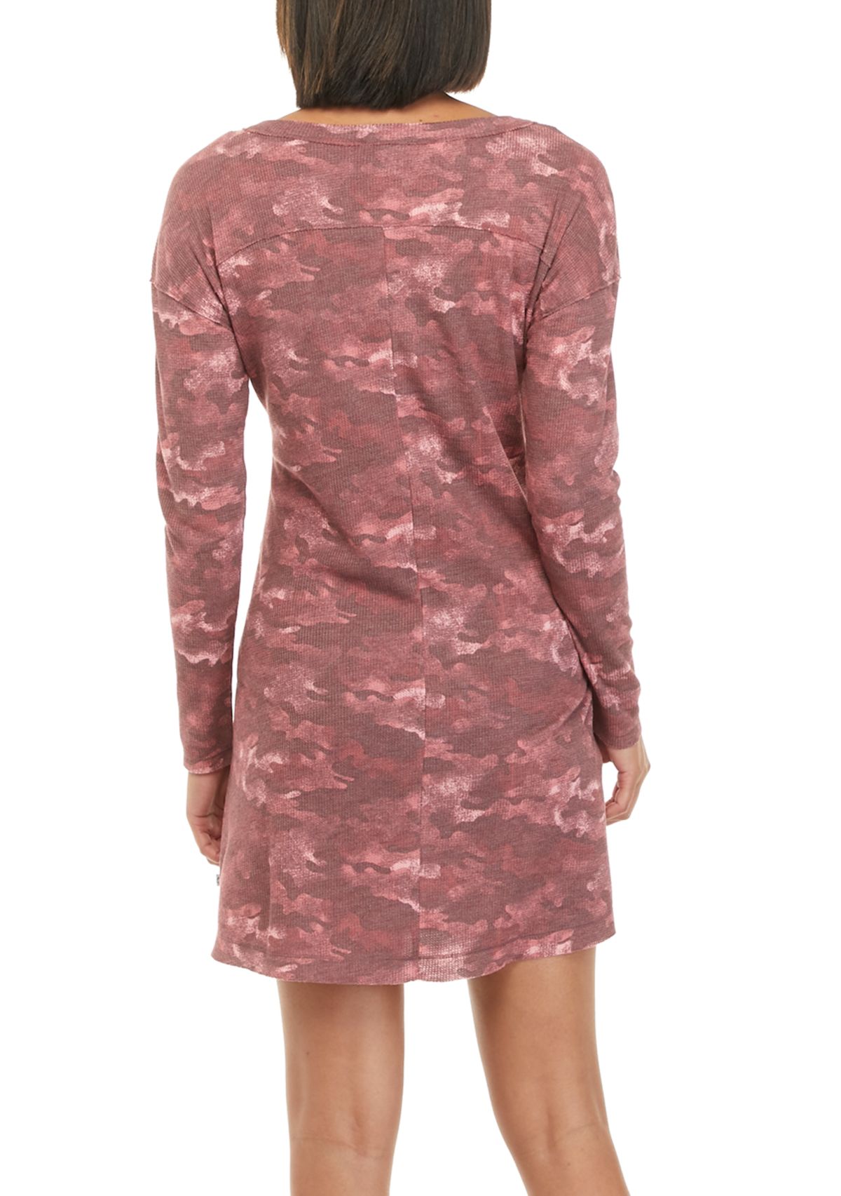 Womens Long Sleeve Waffle Knit Printed Dress 