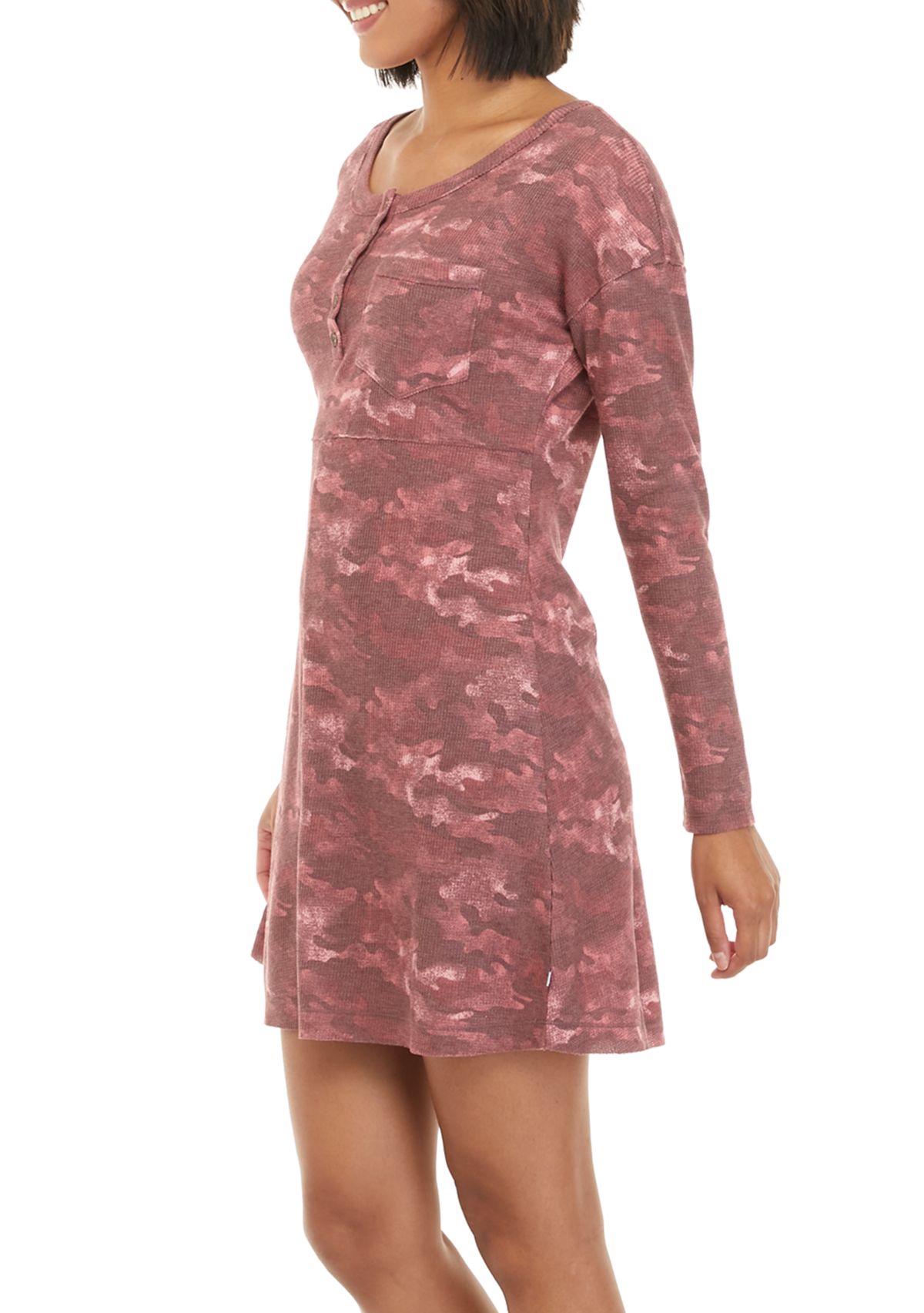 Womens Long Sleeve Waffle Knit Printed Dress 