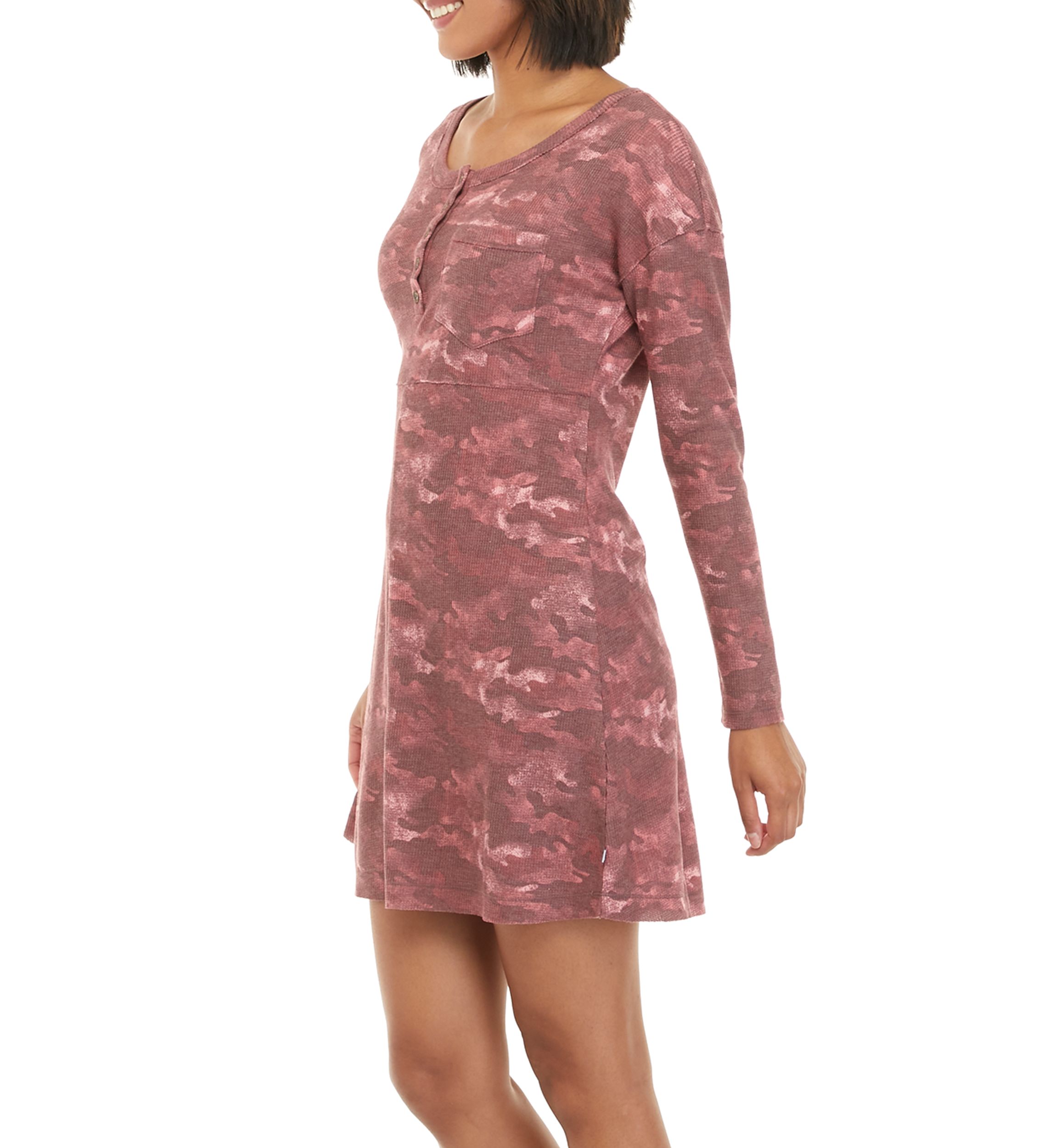 Womens Long Sleeve Waffle Knit Printed Dress 