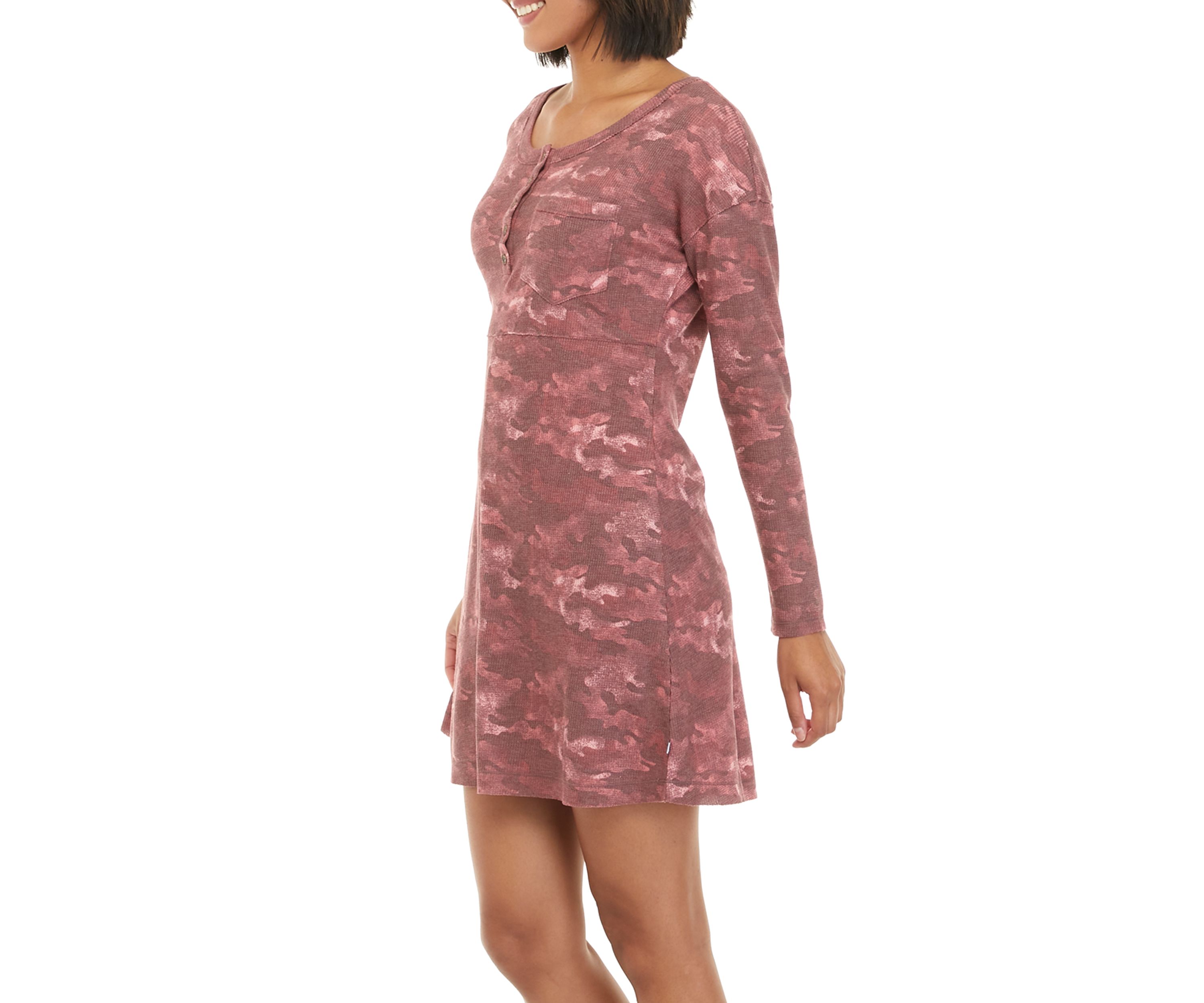 Womens Long Sleeve Waffle Knit Printed Dress 