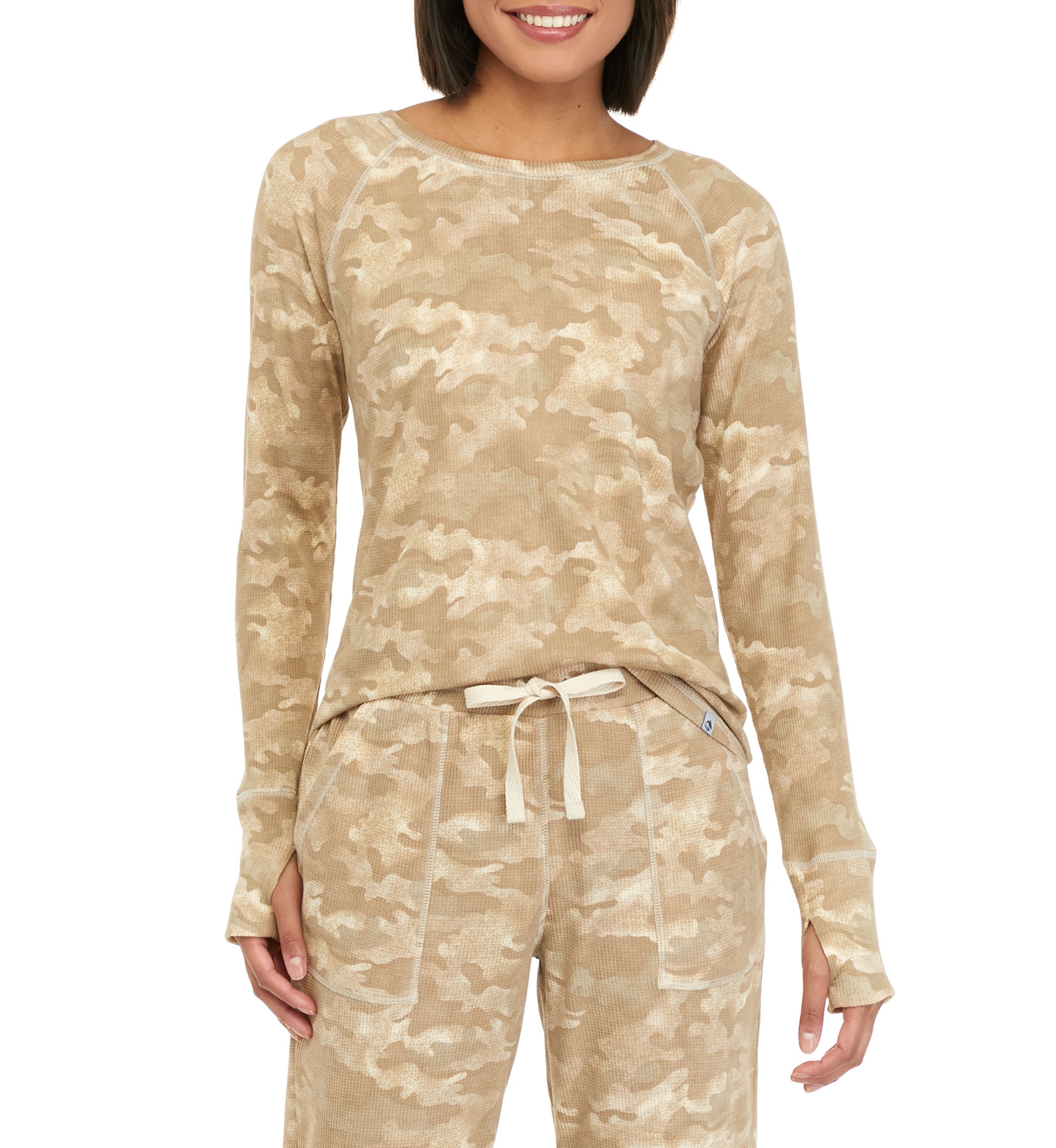 Womens Printed Long Sleeve Waffle Shirt 