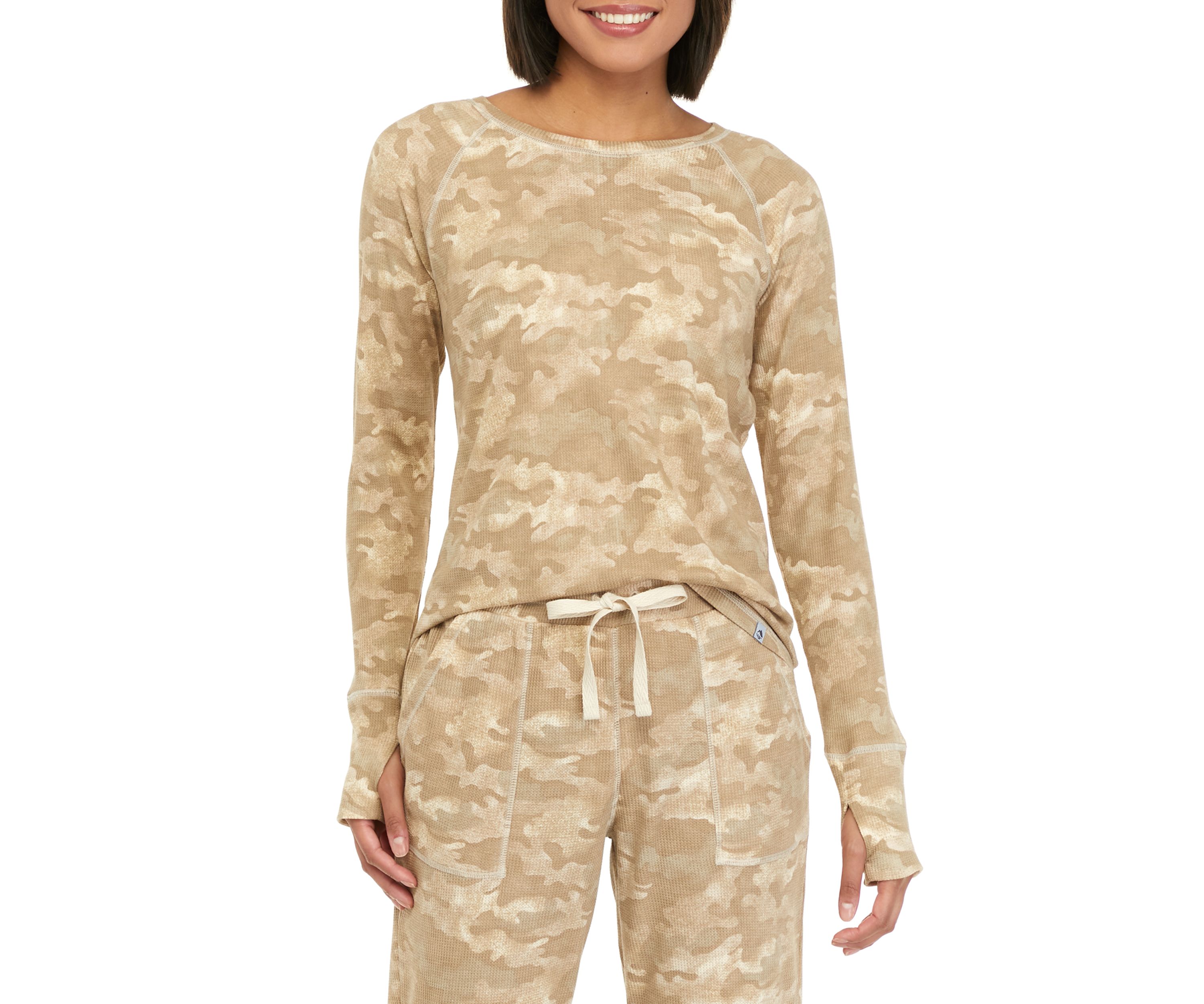 Womens Printed Long Sleeve Waffle Shirt 