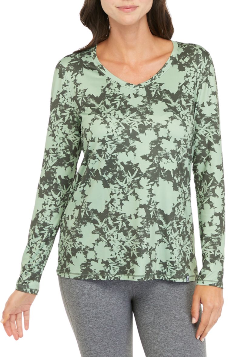 Womens Long Sleeve V-Neck Printed Performance T-Shirt