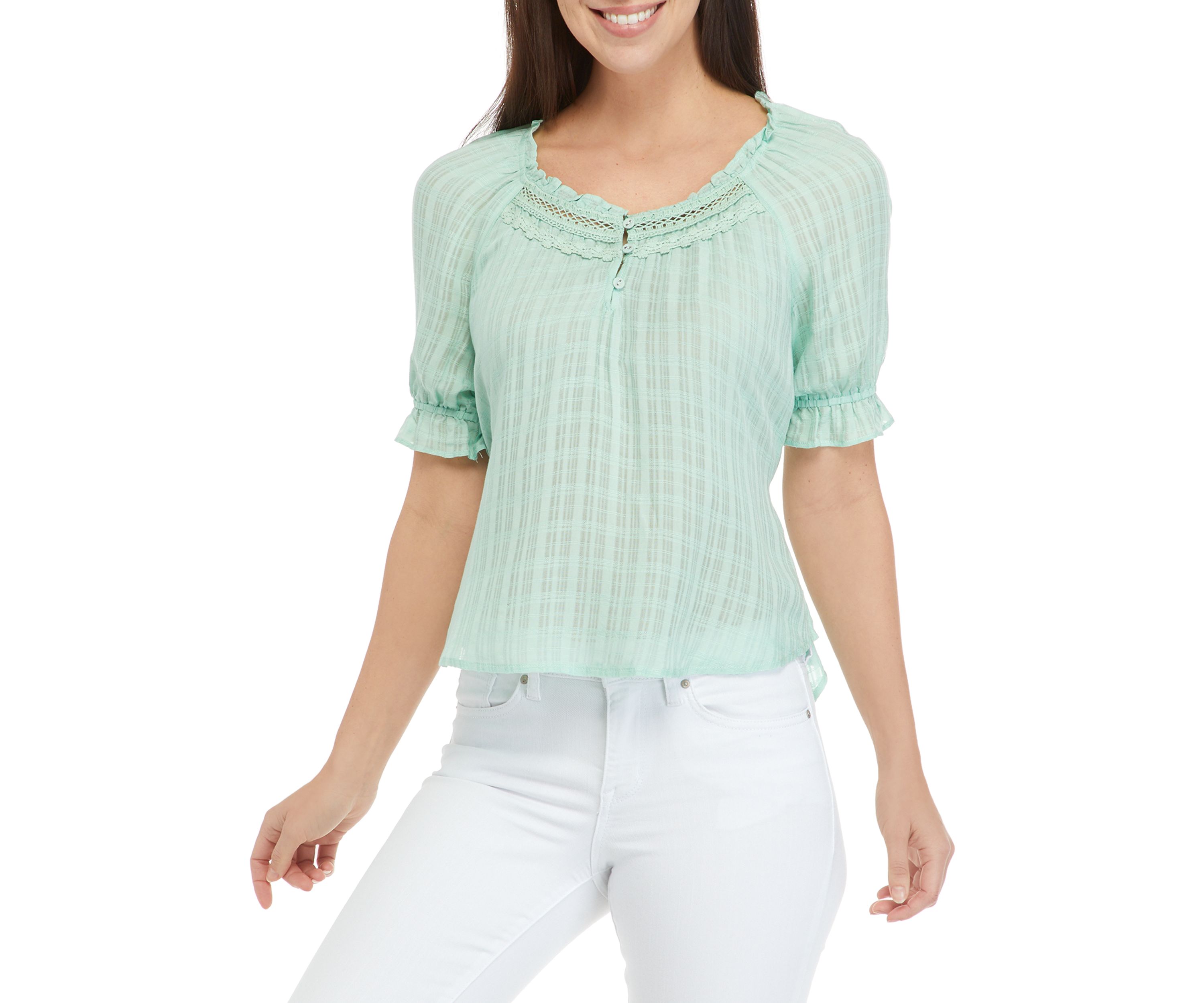 Womens Raglan Mixed Lace Trim Blouse