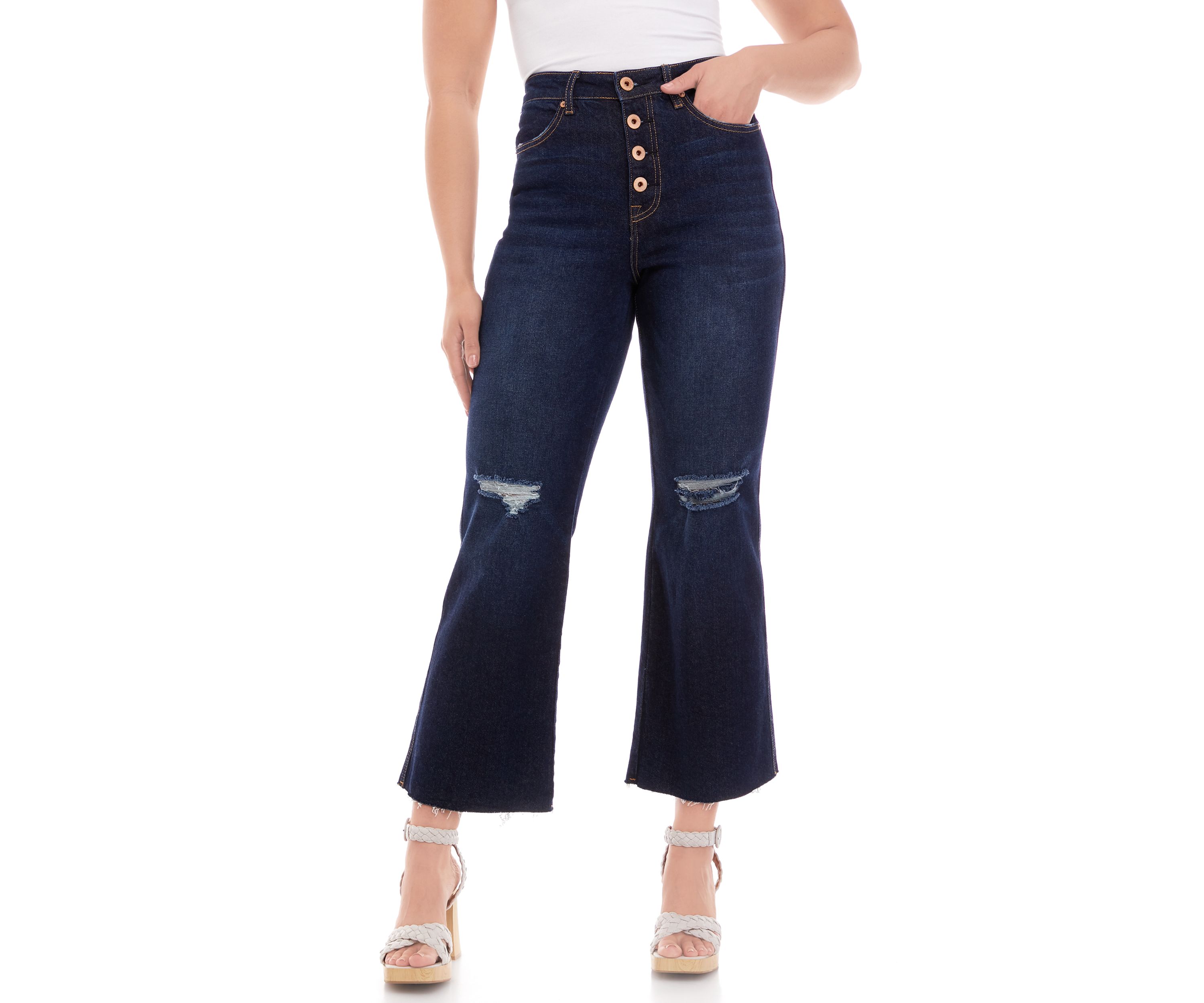High Rise Exposed Button Wide Leg Jeans