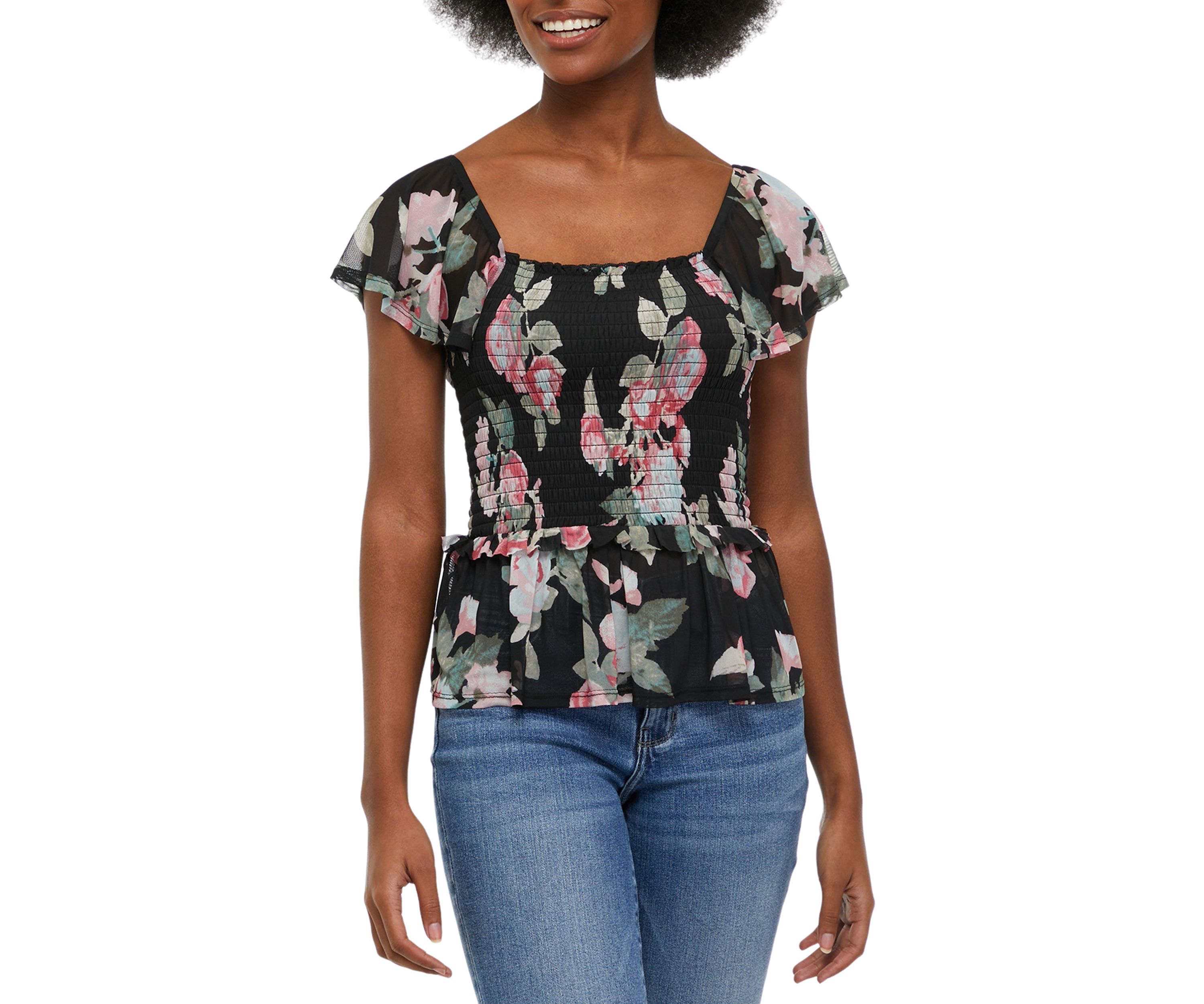 Womens Flutter Sleeve Floral Smocked Top 