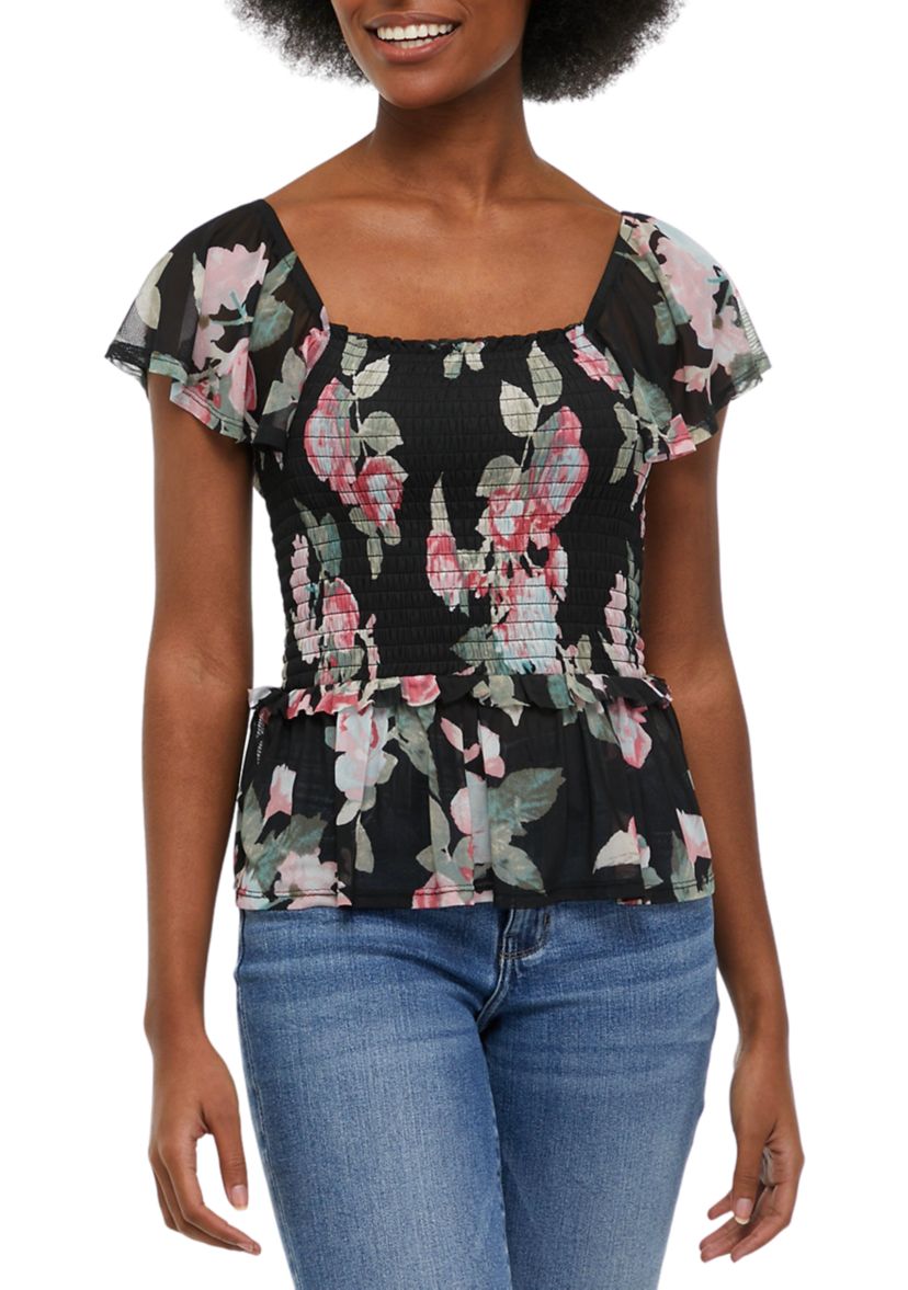 Womens Flutter Sleeve Floral Smocked Top 