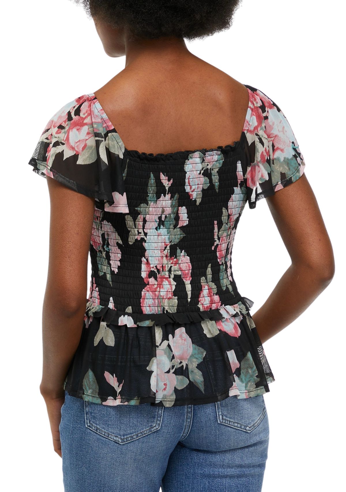 Womens Flutter Sleeve Floral Smocked Top 