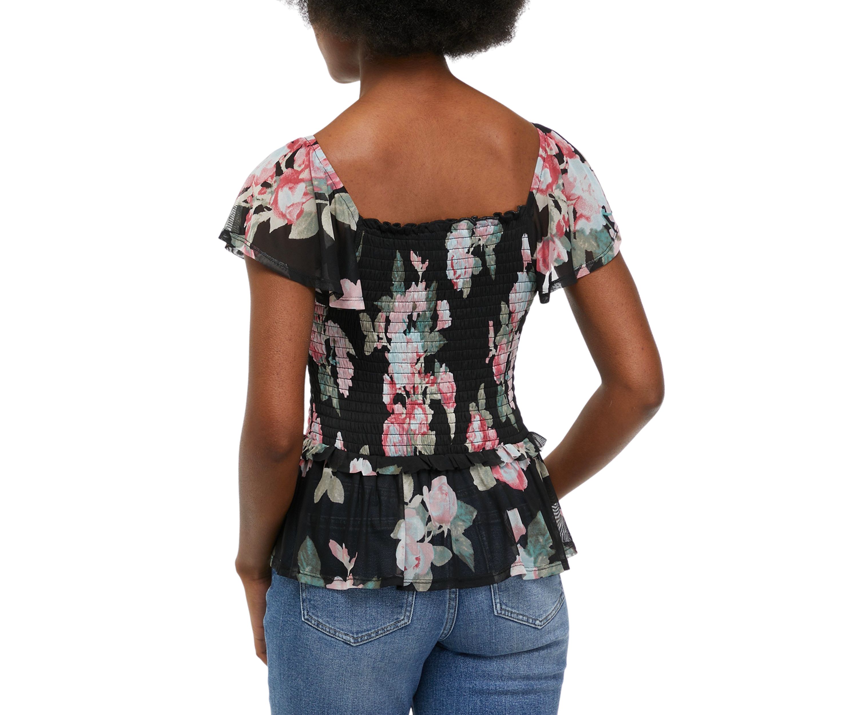 Womens Flutter Sleeve Floral Smocked Top 