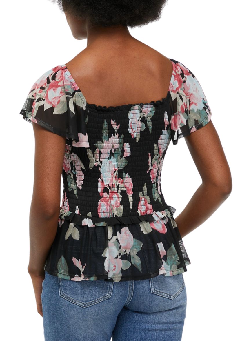 Womens Flutter Sleeve Floral Smocked Top 