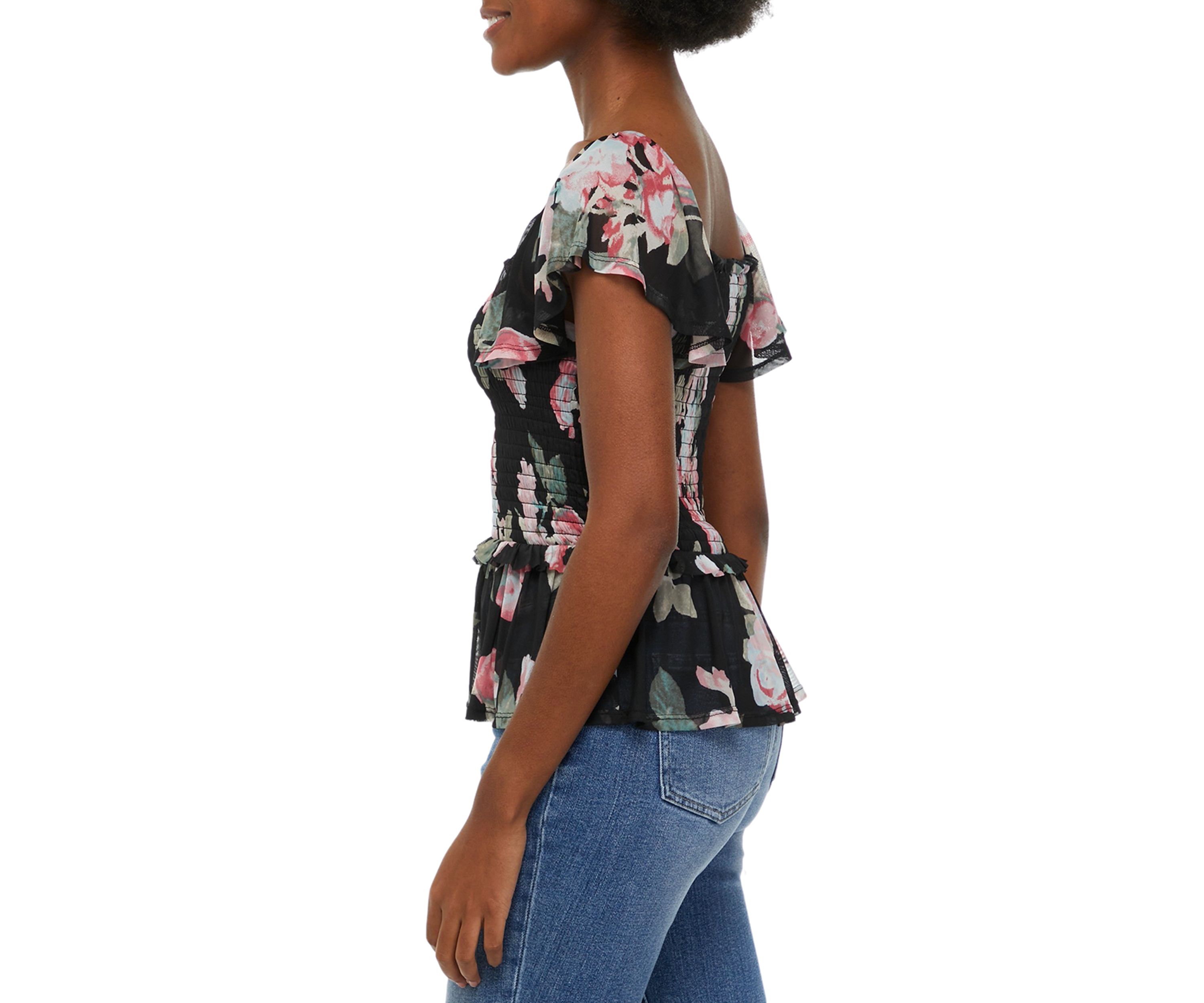 Womens Flutter Sleeve Floral Smocked Top 