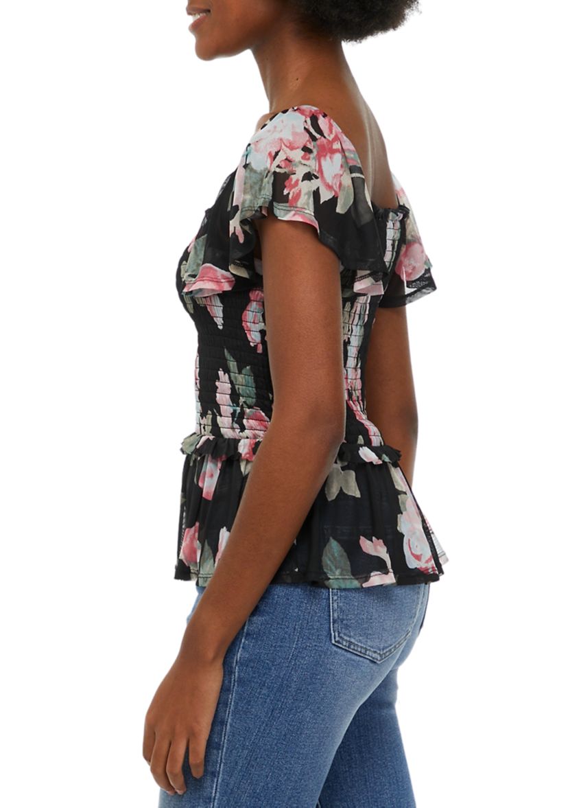 Womens Flutter Sleeve Floral Smocked Top 