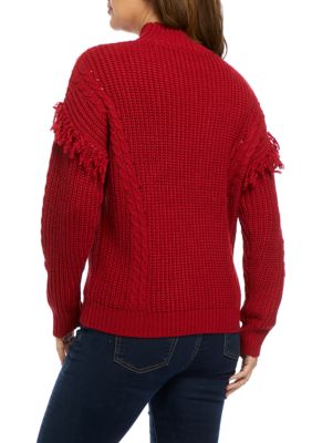 Long Sleeve Fringe Mock Neck Pullover