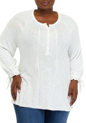 American Rag Plus Size Godet Sweep Henley with Tie Sleeve Top | belk