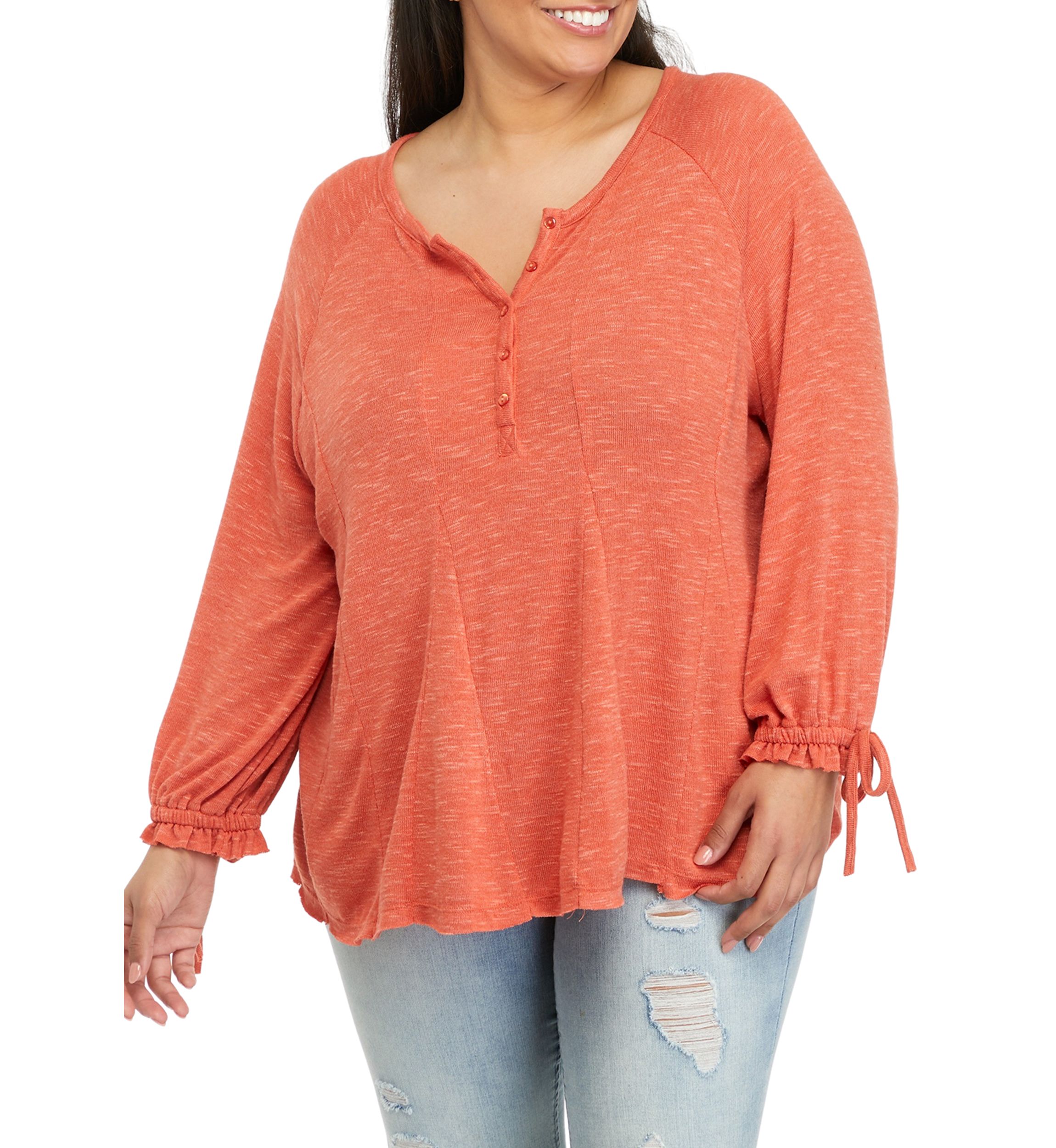 Plus Size Godet Sweep Henley with Tie Sleeve Top