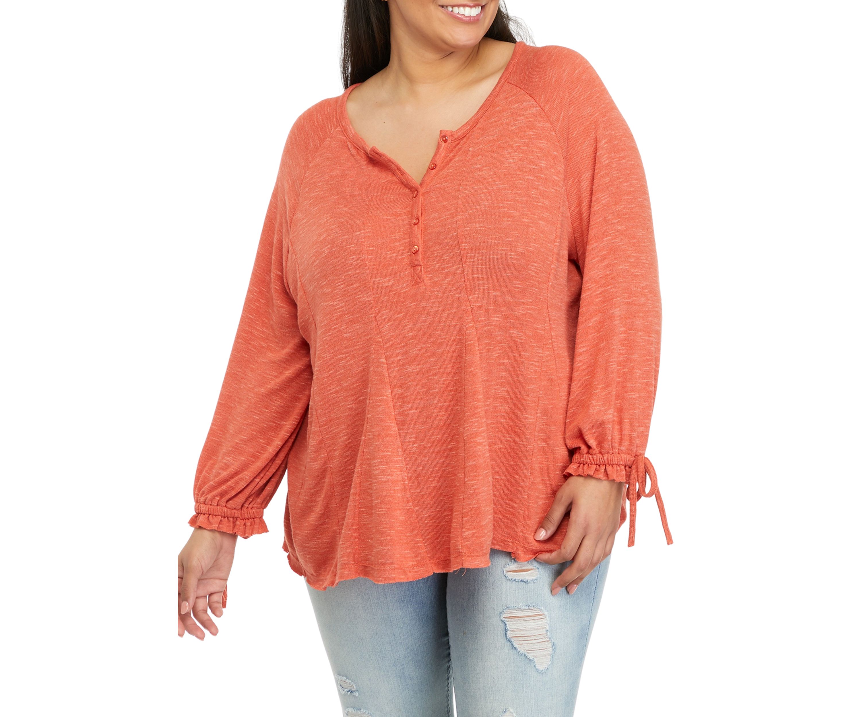 Plus Size Godet Sweep Henley with Tie Sleeve Top