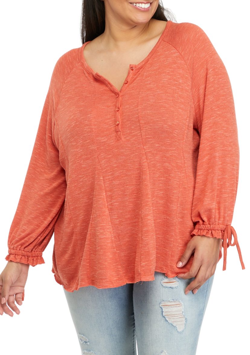Plus Size Godet Sweep Henley with Tie Sleeve Top