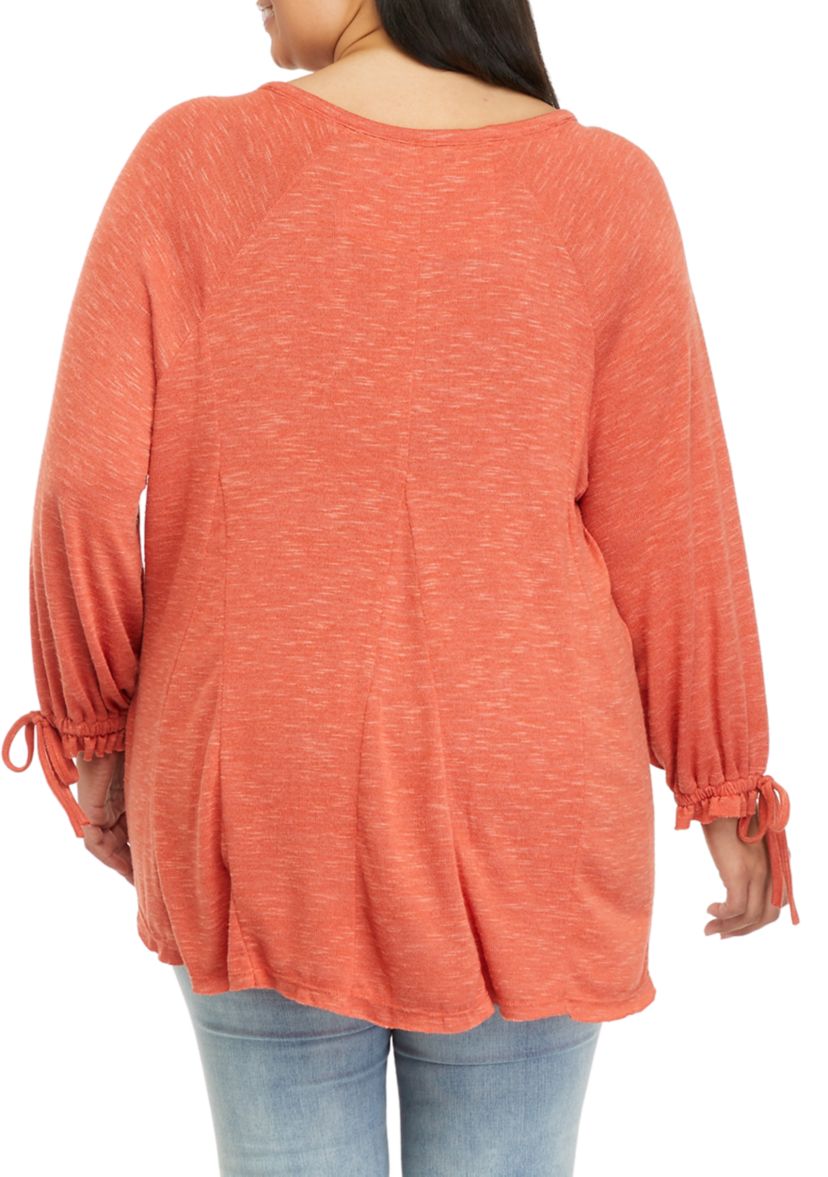 Plus Size Godet Sweep Henley with Tie Sleeve Top