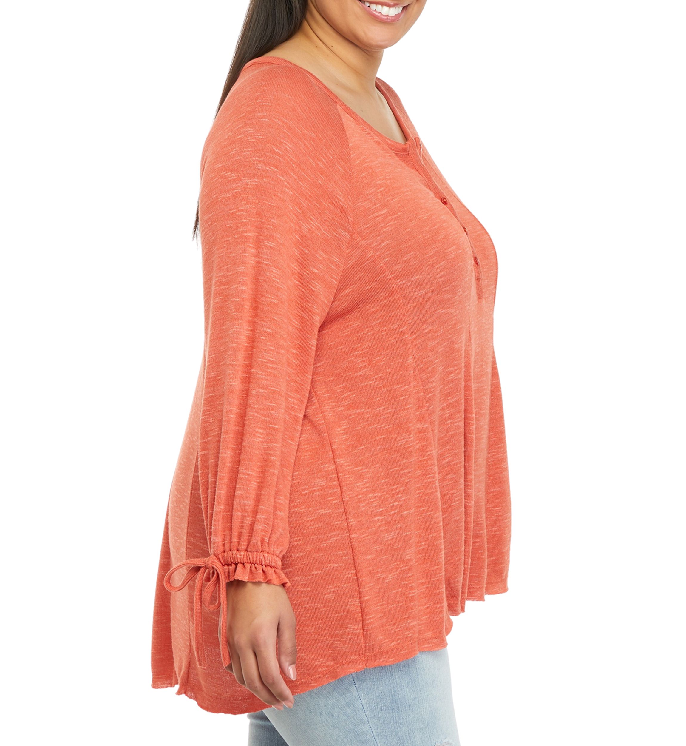 Plus Size Godet Sweep Henley with Tie Sleeve Top