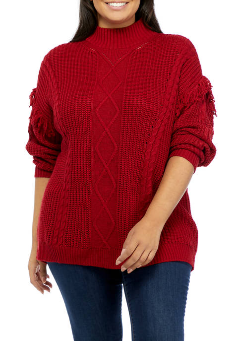 Plus Size Drop Shoulder Cable Knit Mock Neck Sweater 