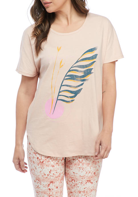Studio Womens Short Sleeve Pink Feather Graphic T-Shirt