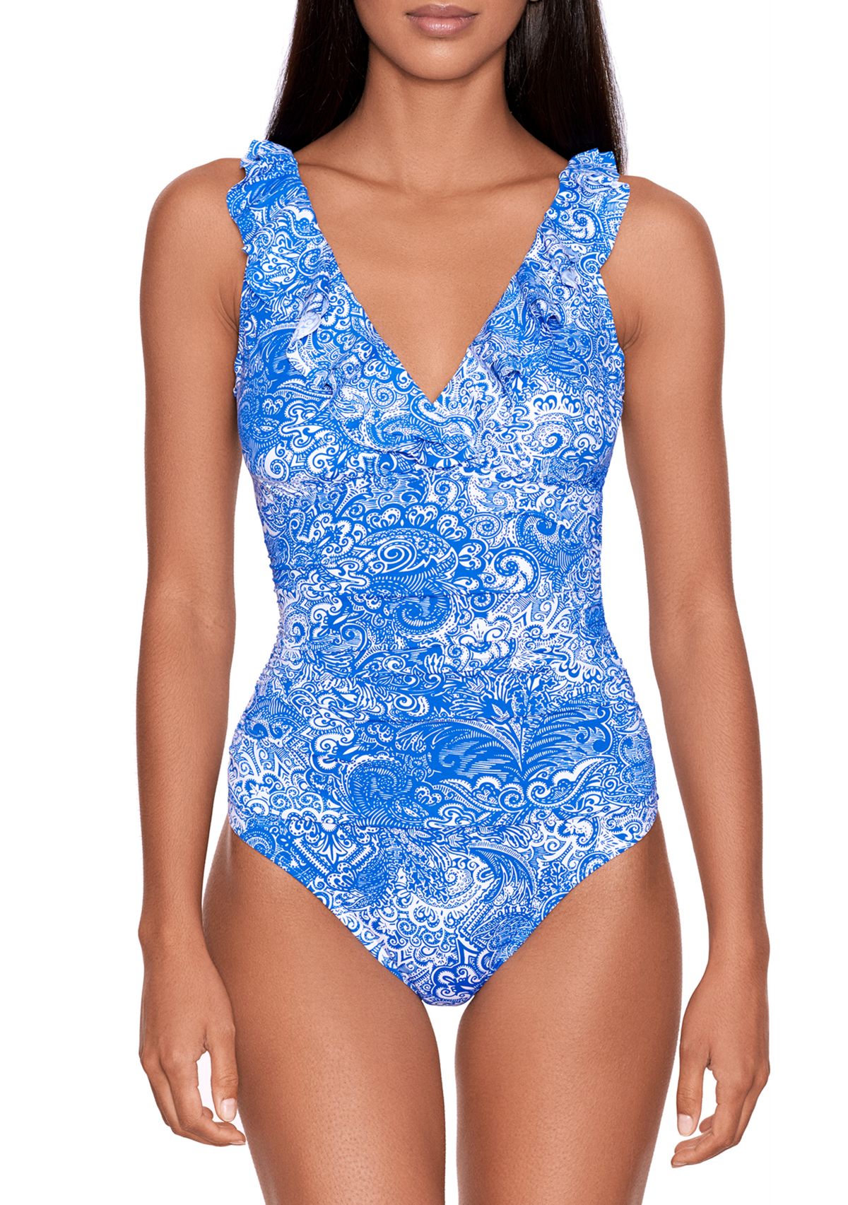 Ralph Lauren Women's Beach Club Solid Ruffle Surplice One Piece Purple Size 16