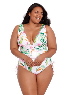 Maxine Plus Size Retro Floral Wide Strap Sarong One Piece Swimsuit