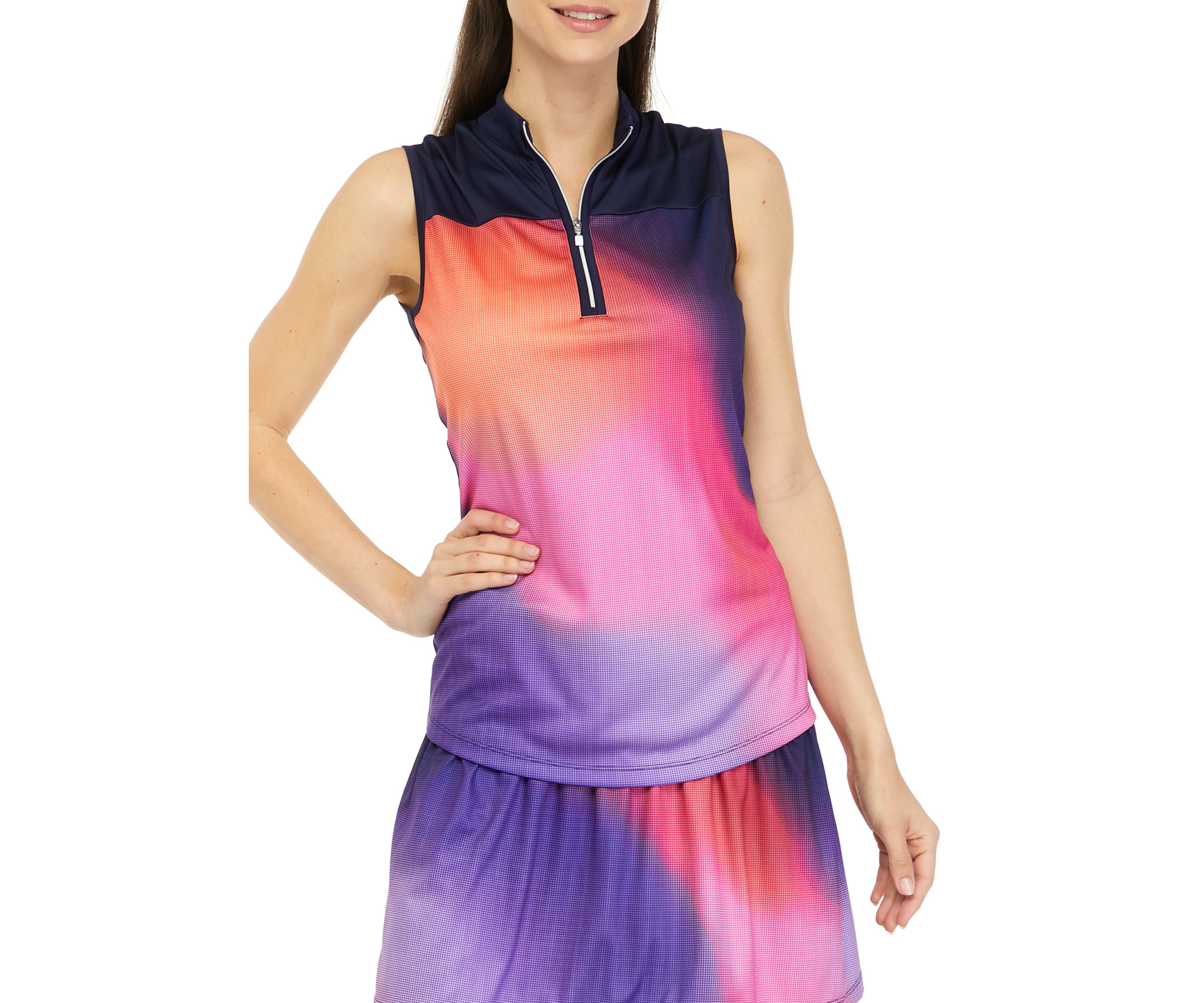 Sleeveless Solarize Print Zip Polo Shirt with Contrast Yoke and Zipper Placket