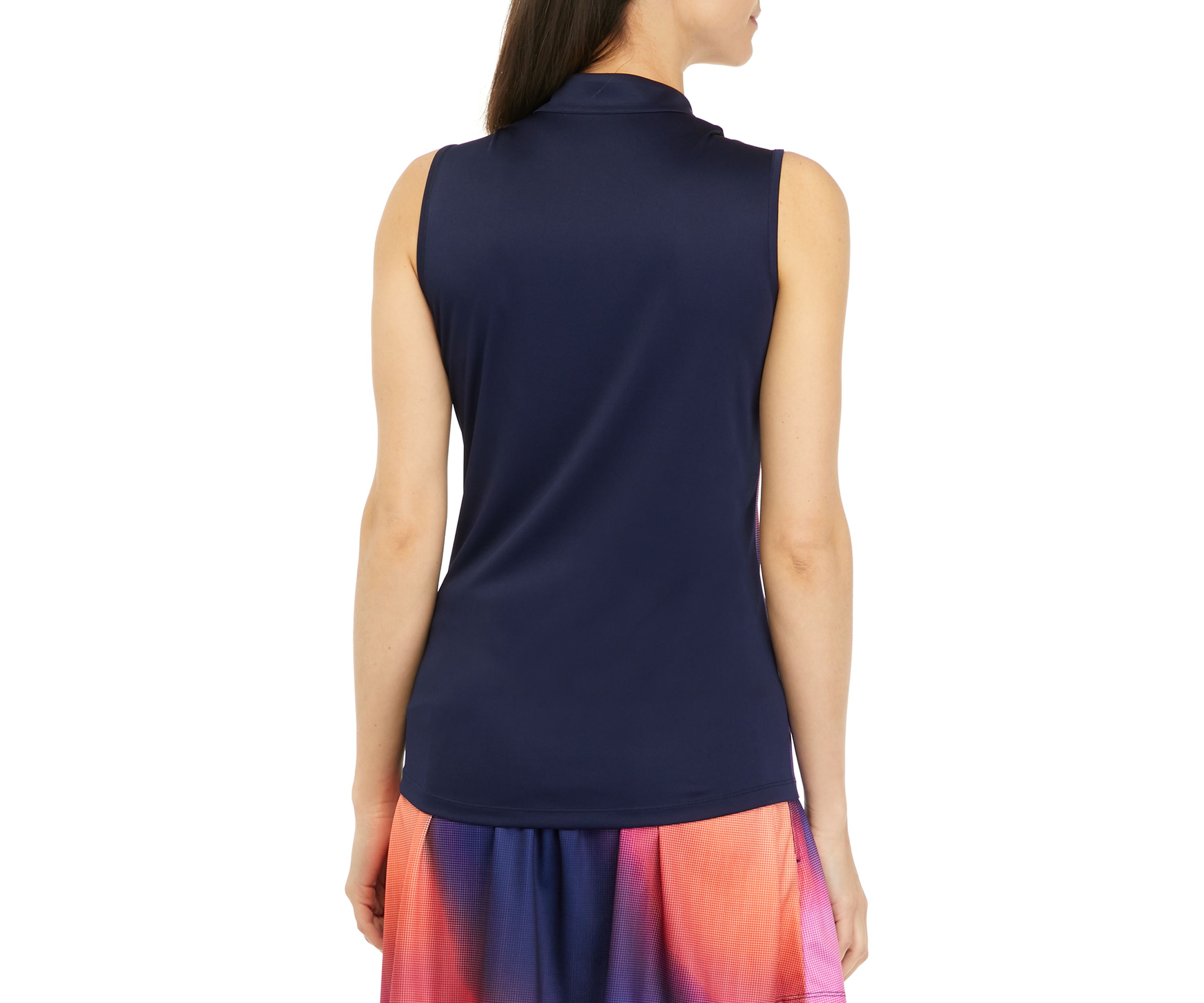 Sleeveless Solarize Print Zip Polo Shirt with Contrast Yoke and Zipper Placket