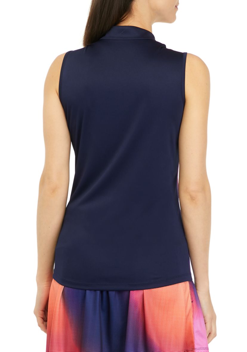Sleeveless Solarize Print Zip Polo Shirt with Contrast Yoke and Zipper Placket