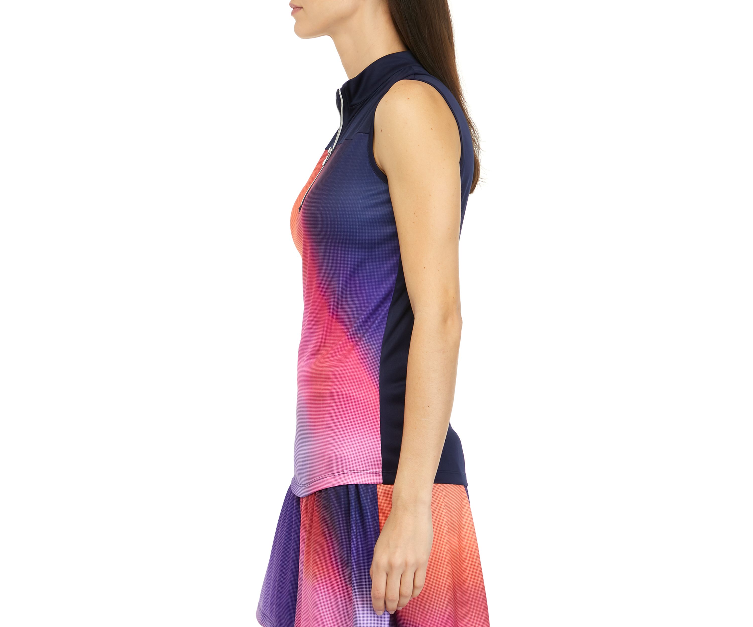 Sleeveless Solarize Print Zip Polo Shirt with Contrast Yoke and Zipper Placket
