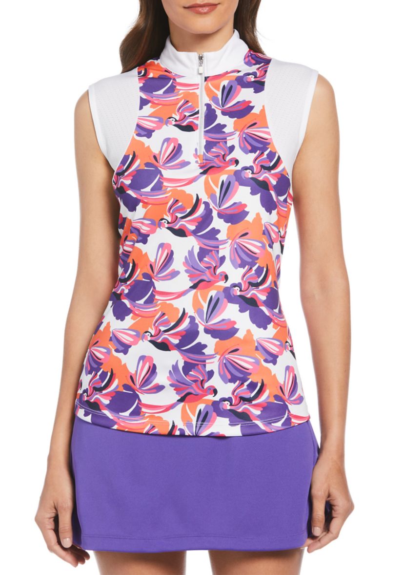 Conversational Parrot Printed Blocked Zip Polo Shirt