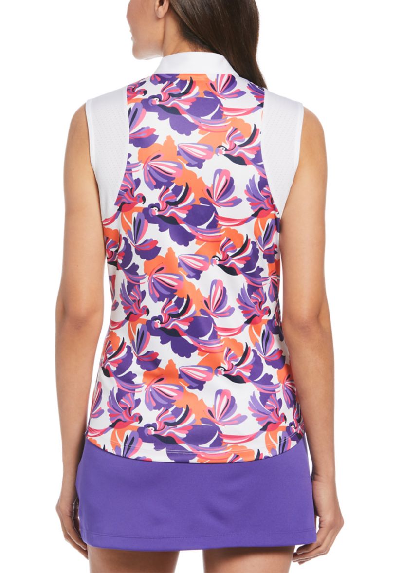 Conversational Parrot Printed Blocked Zip Polo Shirt