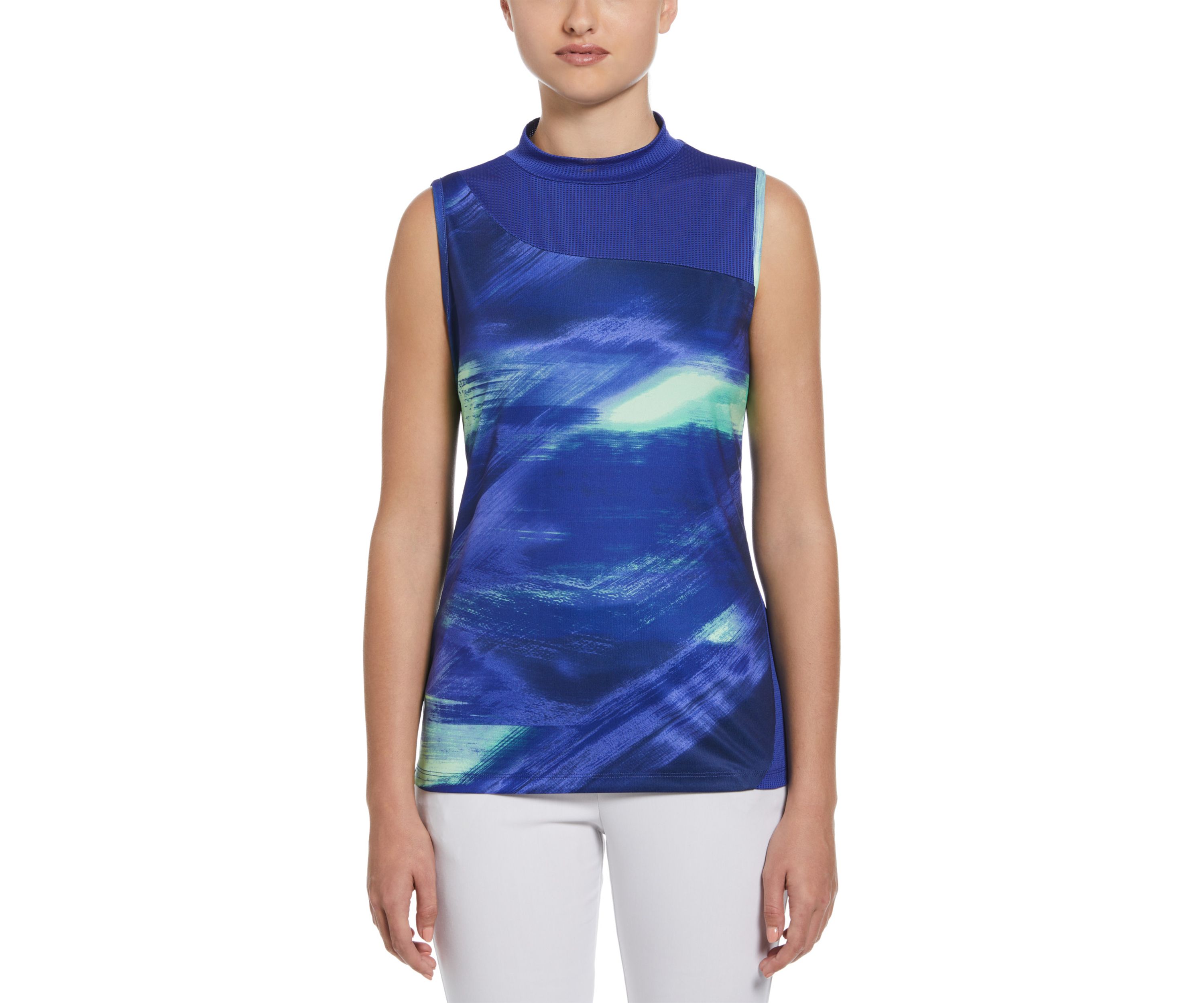 Womens Brushed Abstract Print Sleeveless Golf Shirt with Asymmetrical Blocking