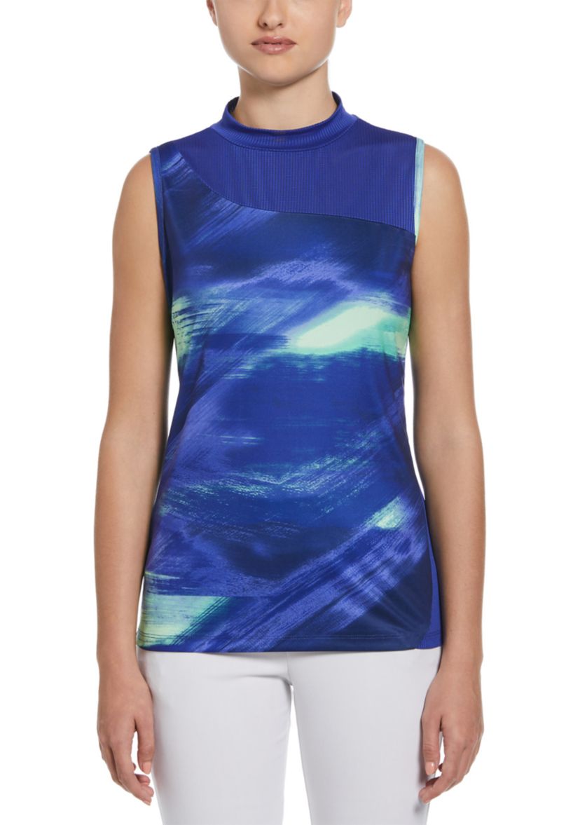 Womens Brushed Abstract Print Sleeveless Golf Shirt with Asymmetrical Blocking